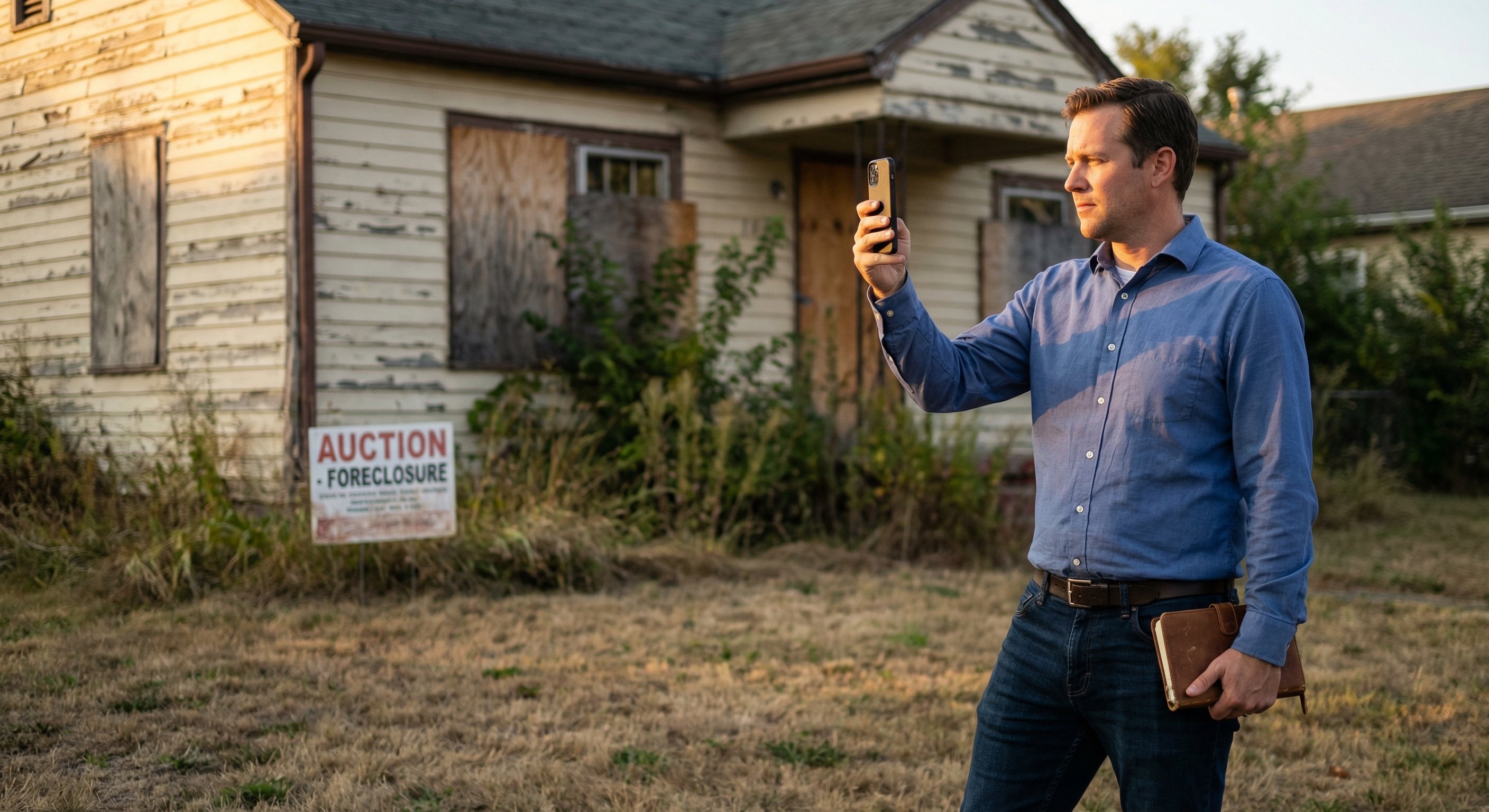 Investor walking a suburban neighborhood, smartphone in hand, photographing a distressed property at golden hour. Editorial documentary photography.
