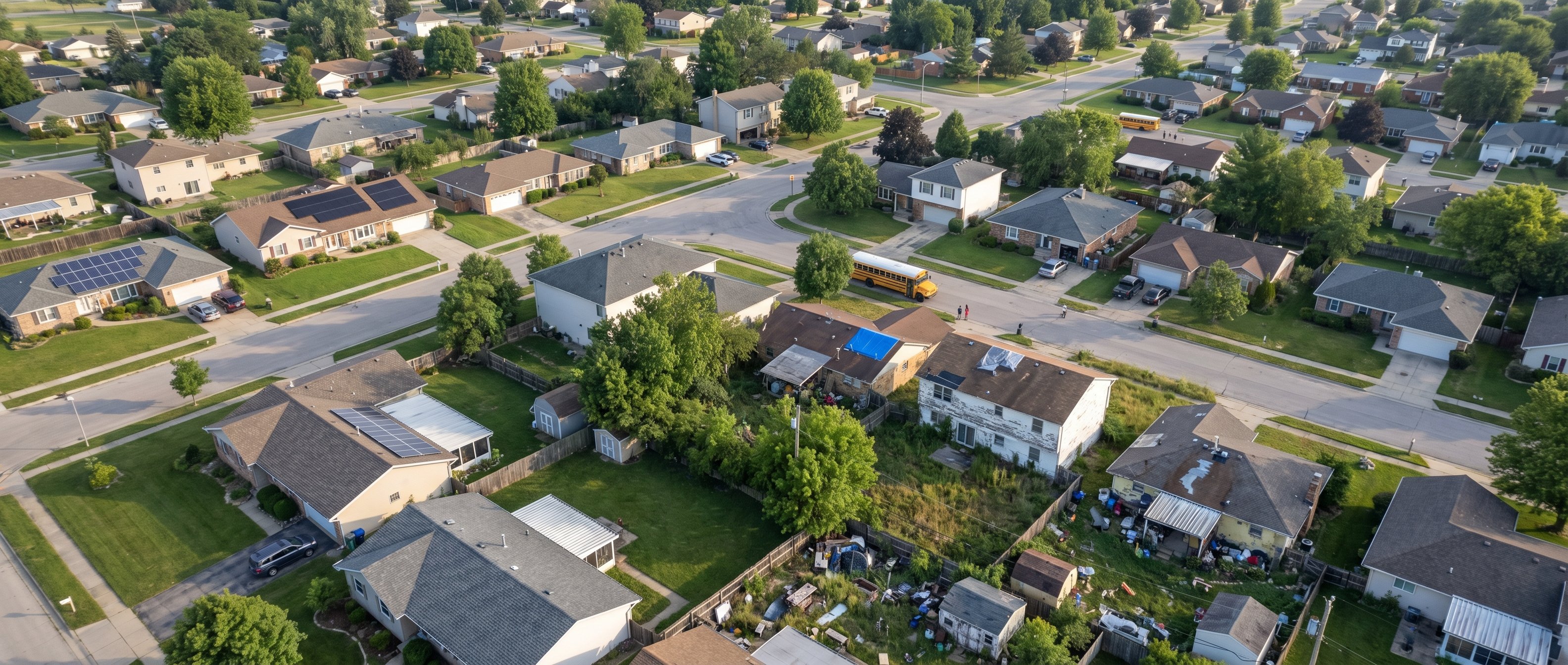 Aerial view of suburban neighborhood with distressed properties scattered among well-maintained homes