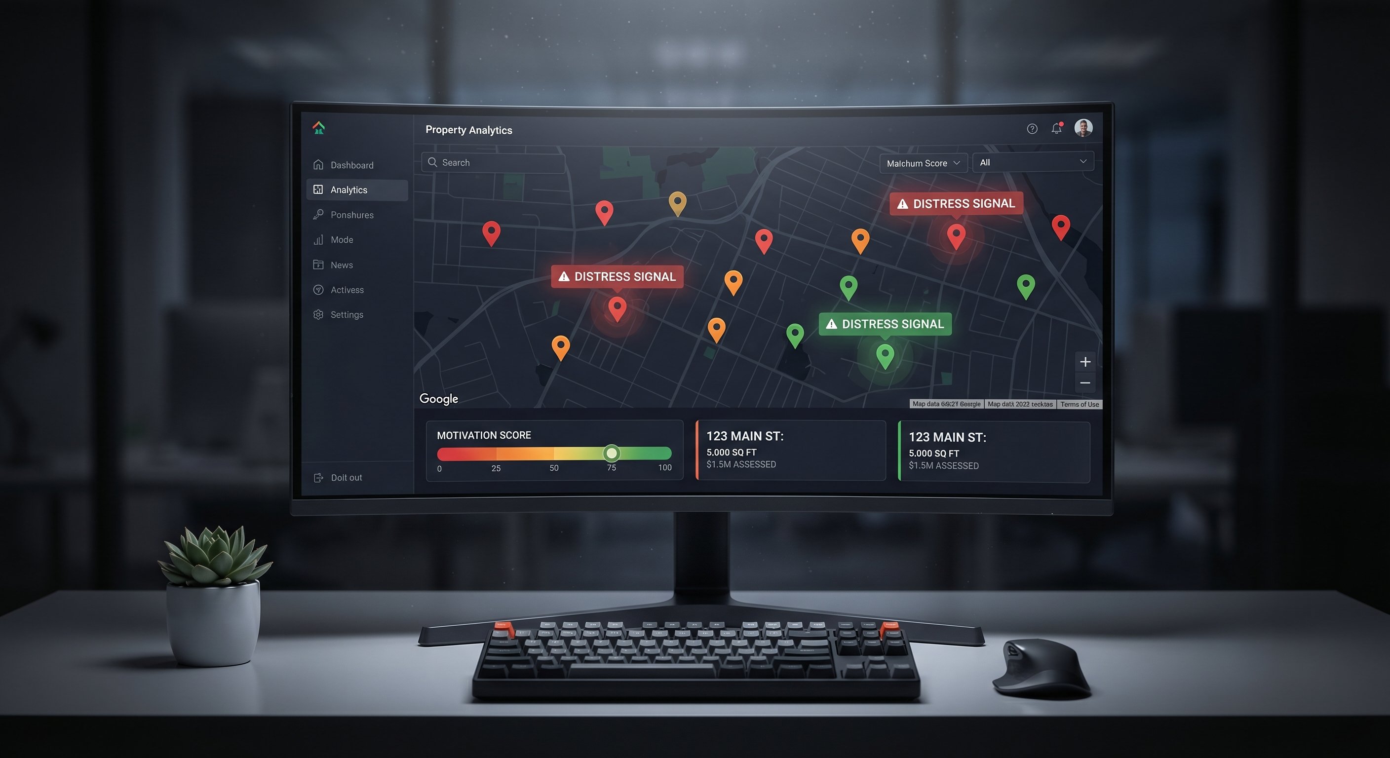 Dark-themed property analytics dashboard with map view, colored pins, and motivation scores