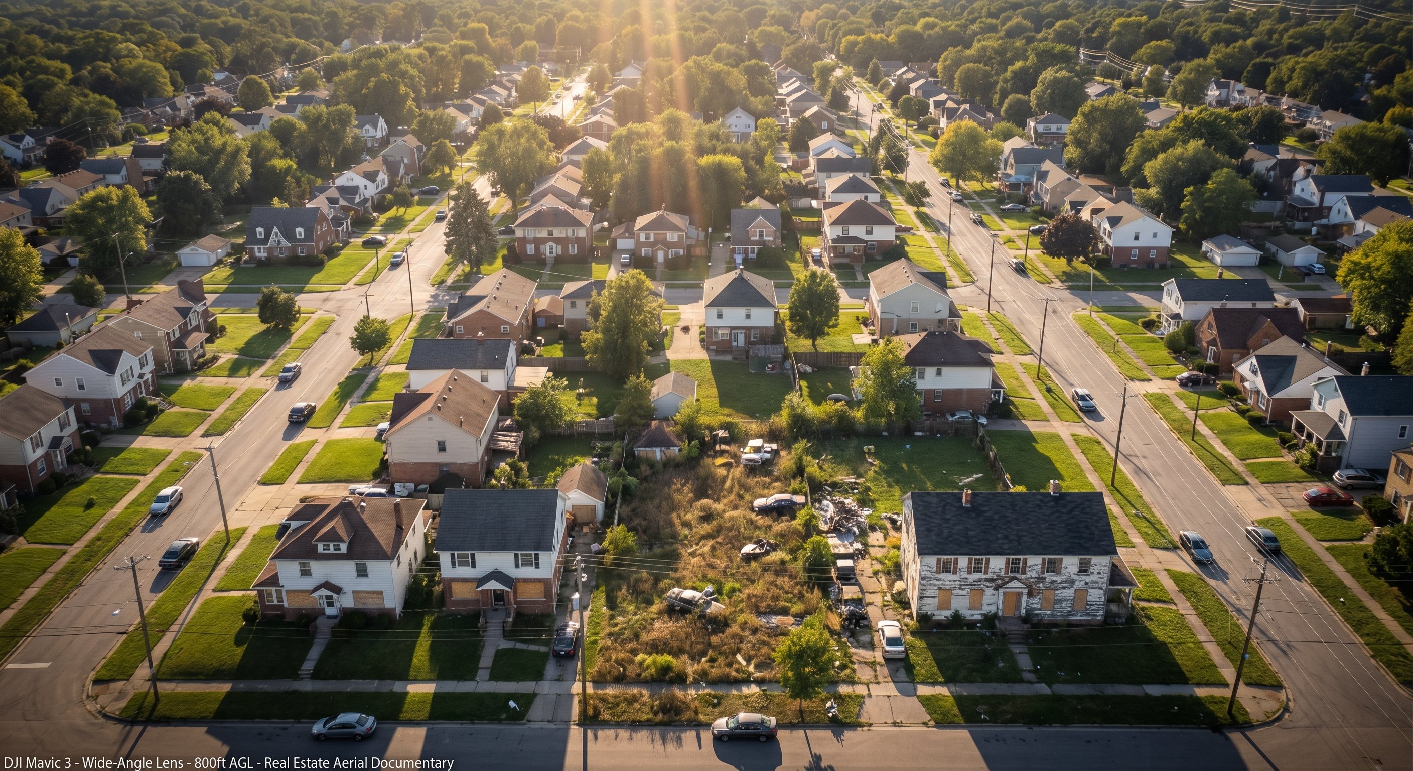 Aerial drone photograph showing a suburban neighborhood with several clearly distressed properties with overgrown yards and visible neglect scattered among well-maintained homes