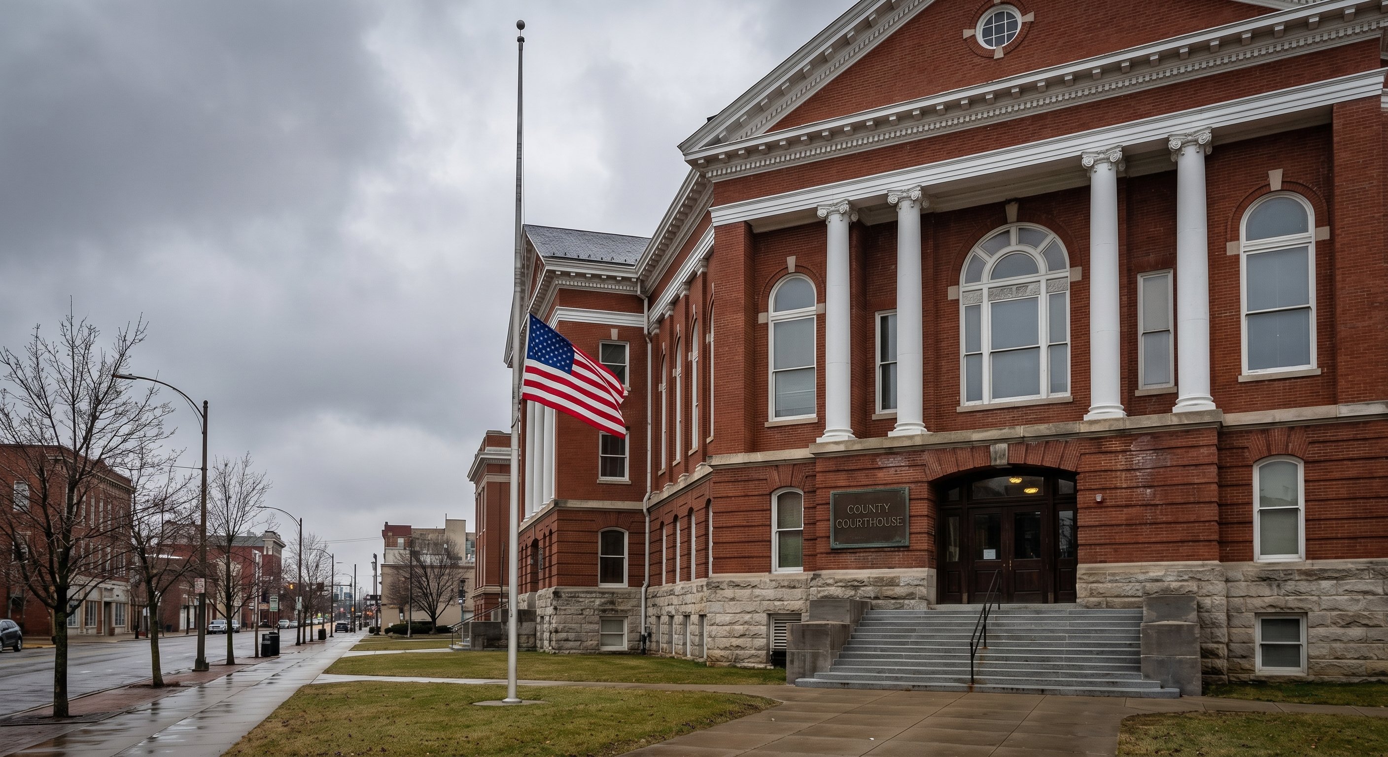 Courthouse exterior with red brick facade, white columns, and a public entrance with steps leading up