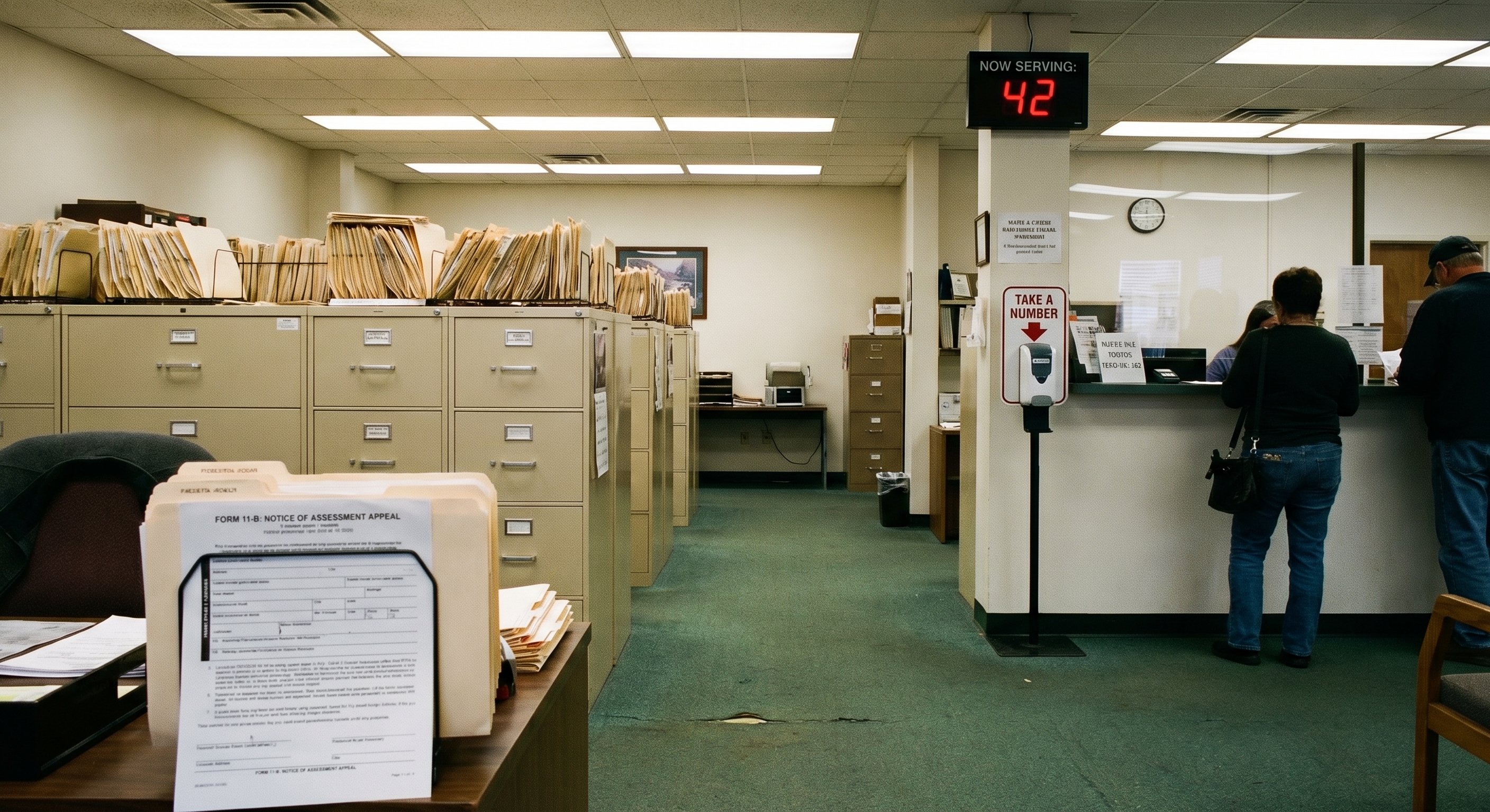 County assessor's office interior with filing cabinets, property record folders, fluorescent lighting, and a public counter