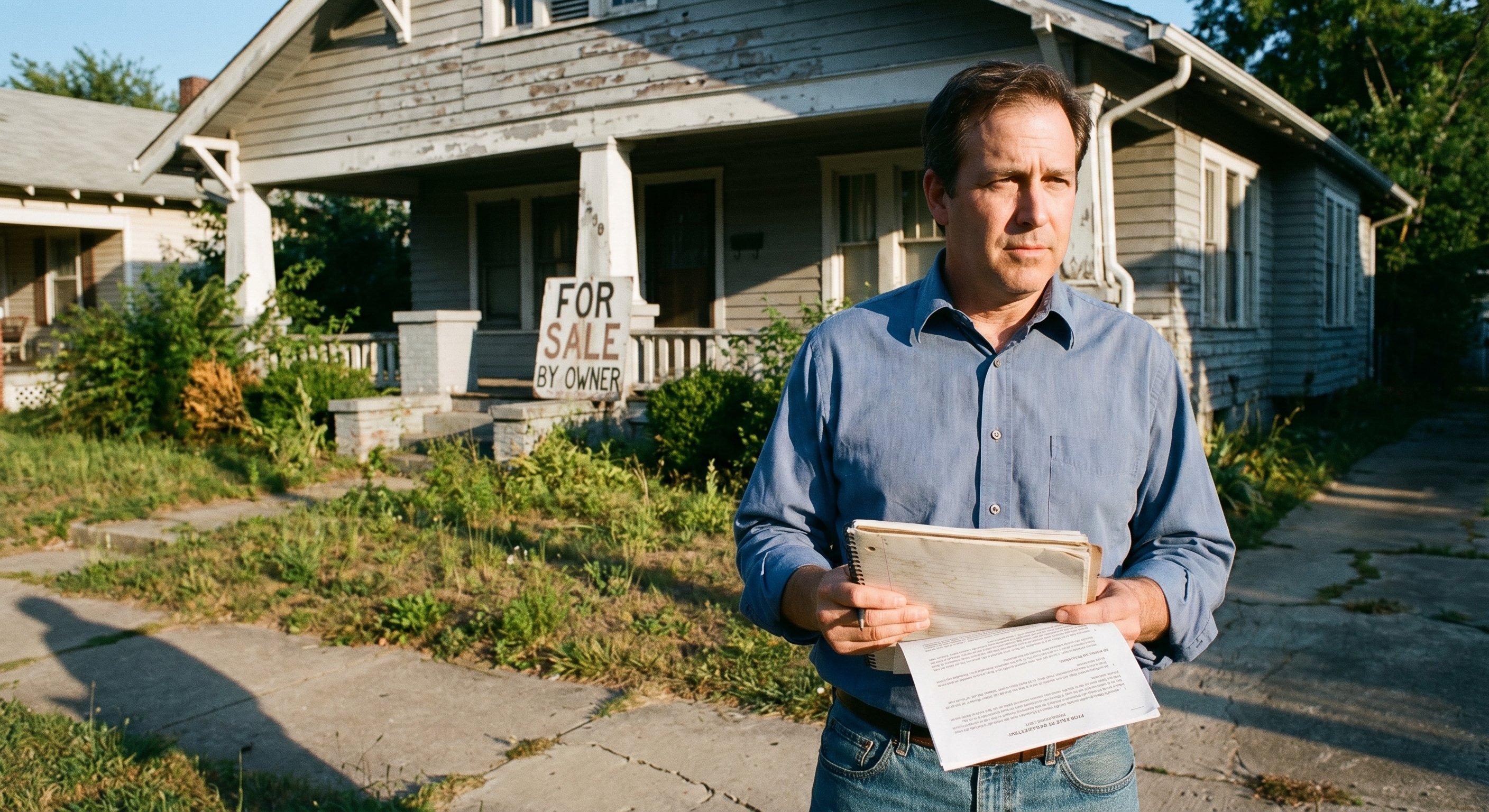 A real estate investor standing on the sidewalk in front of a distressed home, taking notes on a notepad while reviewing documents