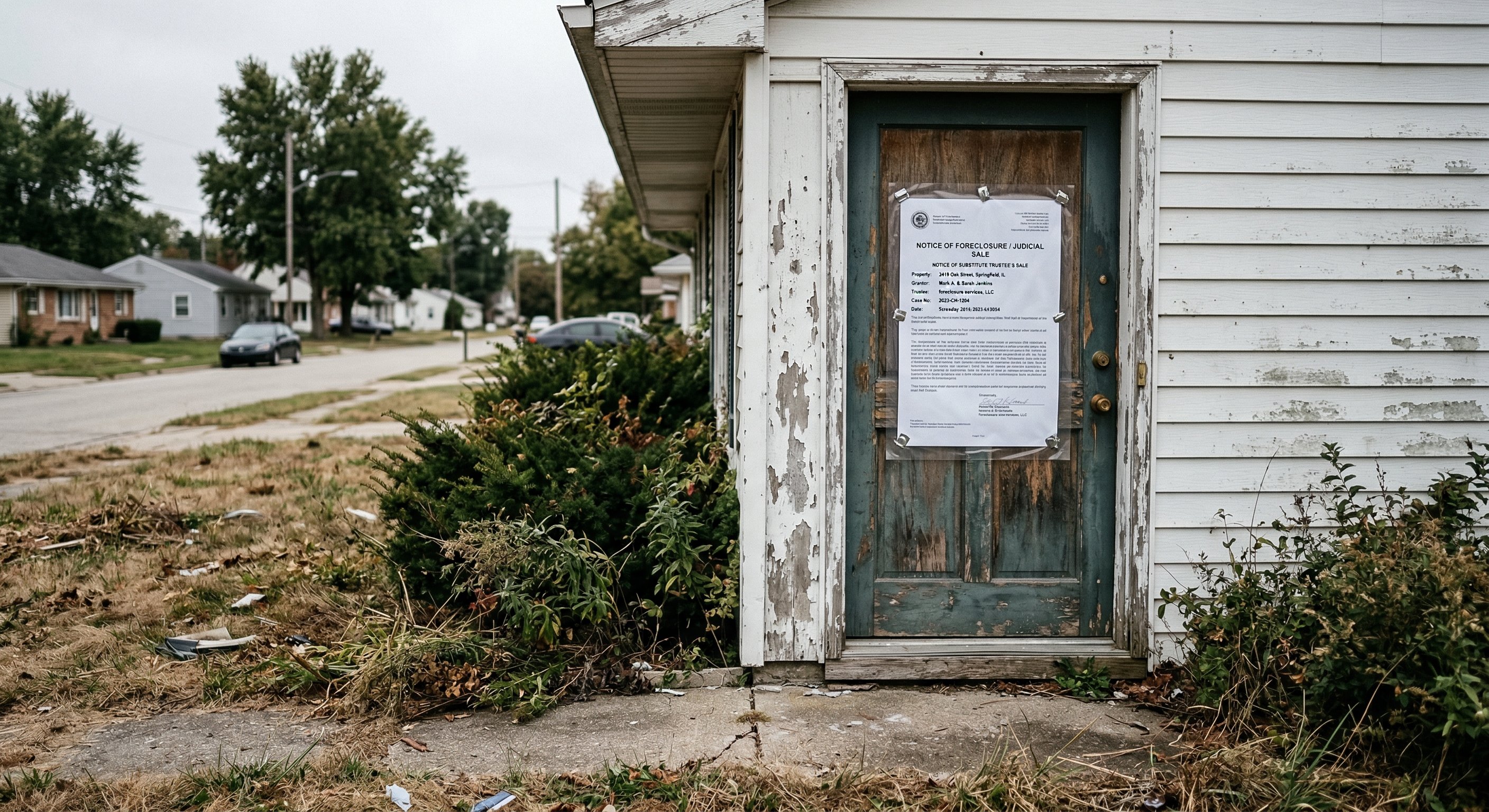 Foreclosure notice posted on a weathered front door of a vacant single-story home with overgrown shrubs and peeling paint