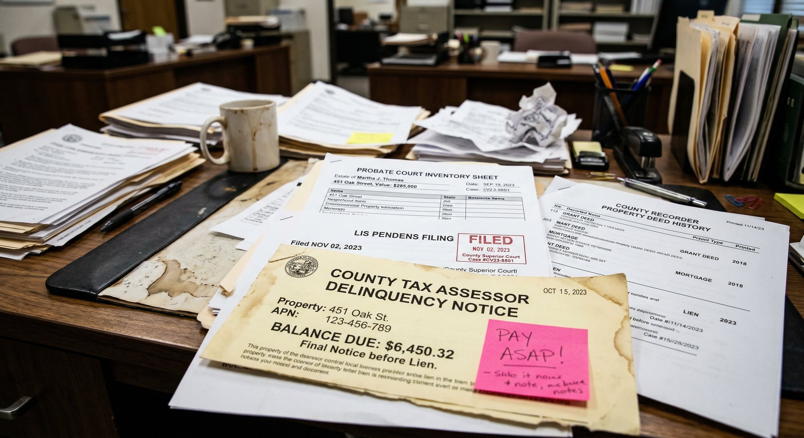 Cluttered desk with county tax assessor documents, a lis pendens filing, and probate court papers spread across a worn wooden surface under fluorescent light