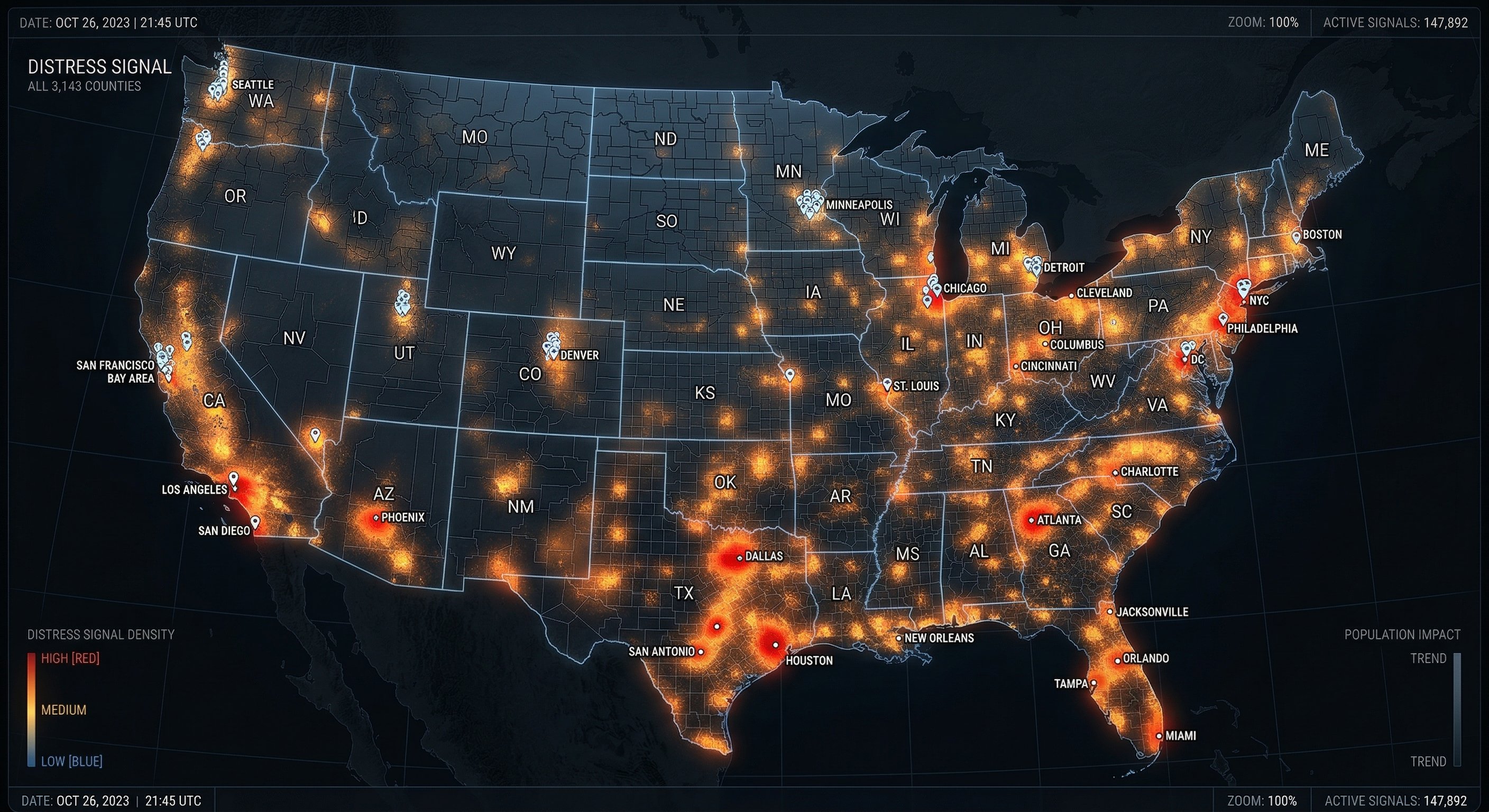 Stylized property intelligence map of the continental United States showing county-level heat overlay with warm color density in Texas, Florida, California, Georgia, and Ohio indicating distress signal concentration
