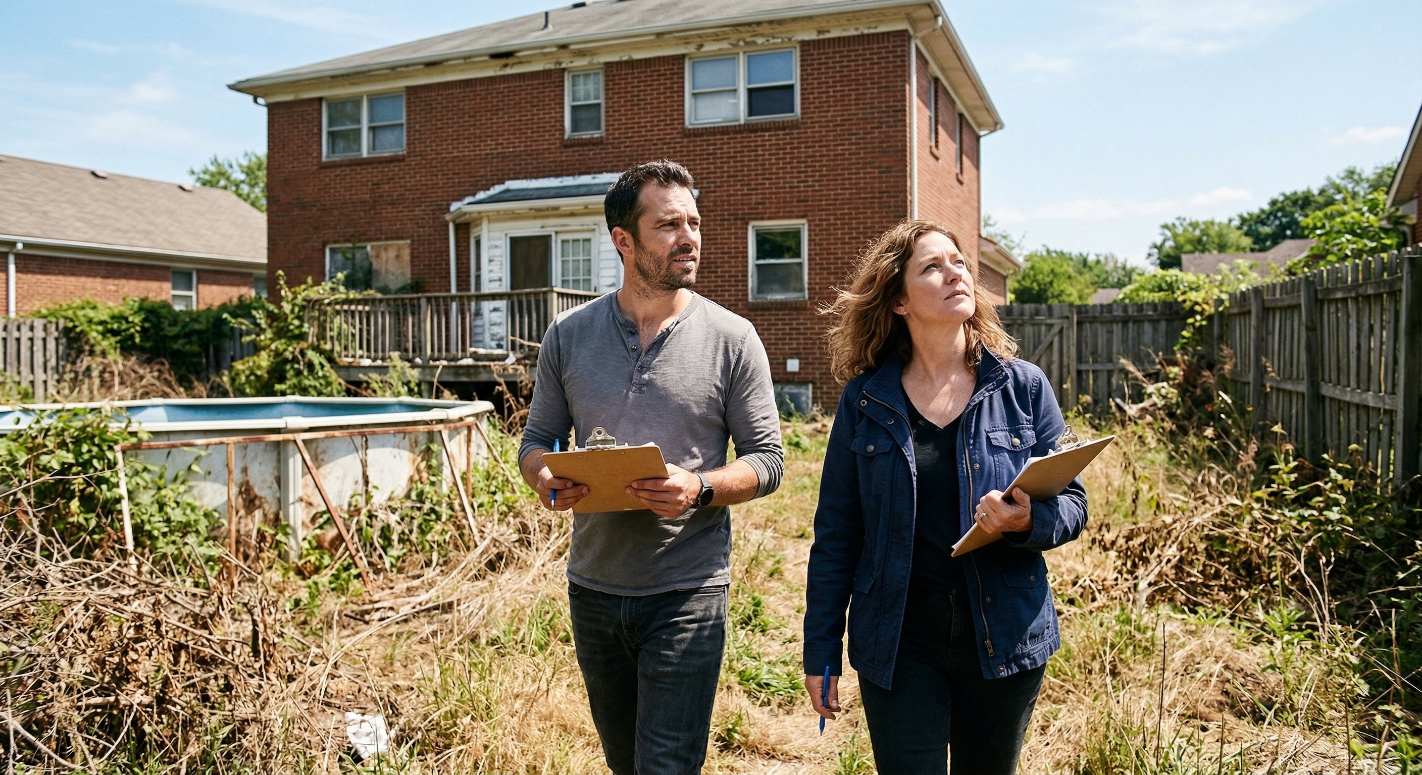 Two real estate investors, a man and a woman in their 30s, walking side by side through an overgrown suburban backyard and taking notes on clipboards, assessing a vacant distressed property at midday