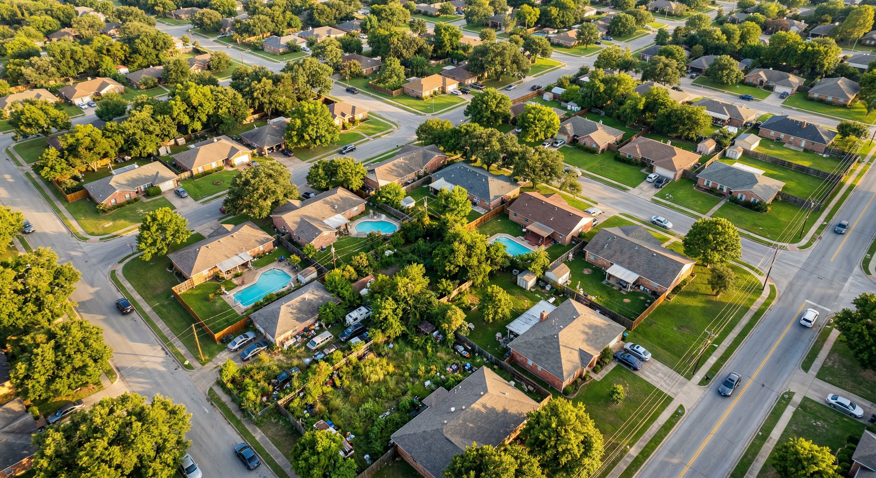 Aerial view of suburban Texas neighborhood with