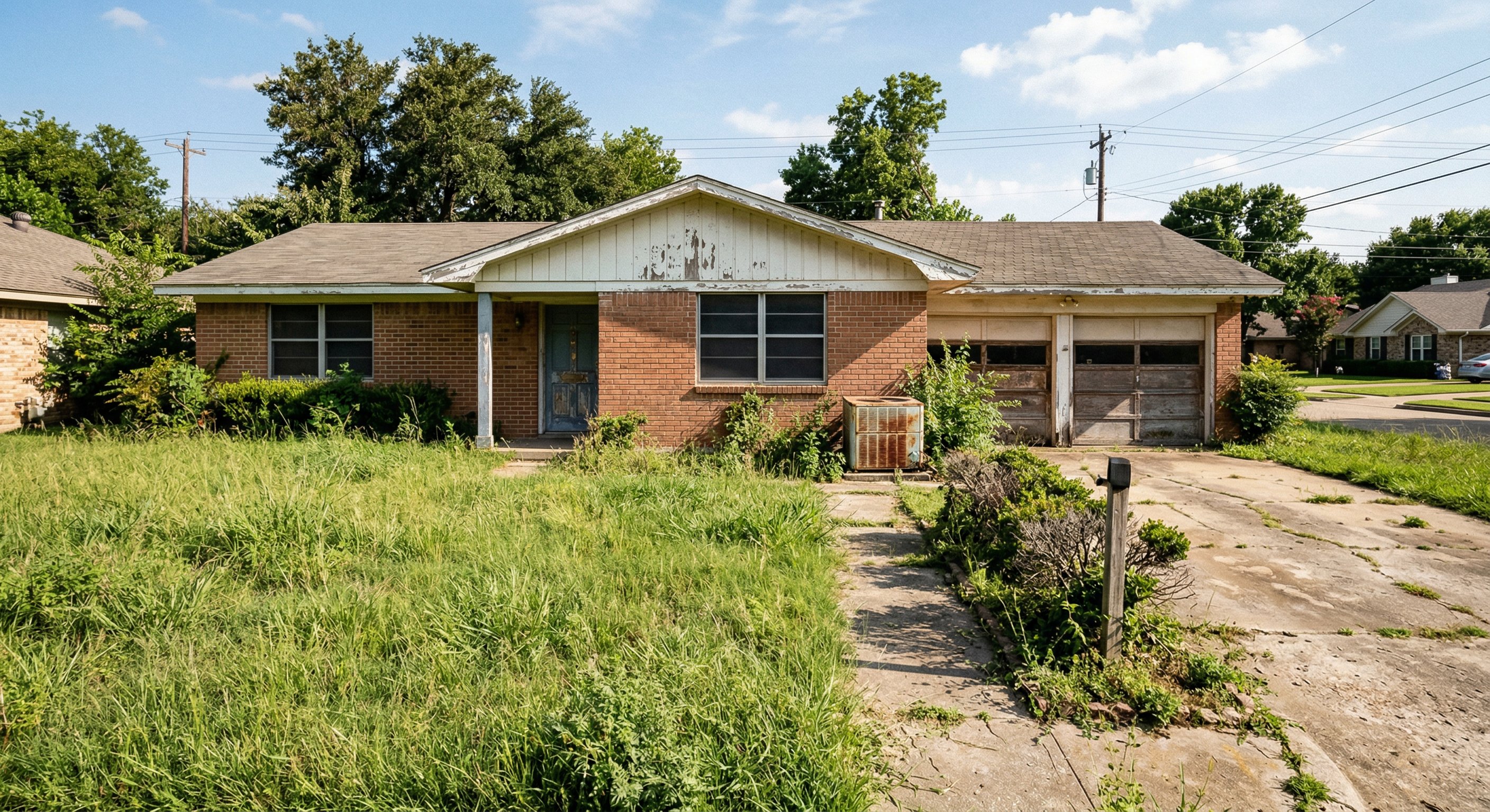 Distressed single-story brick ranch home in Texas