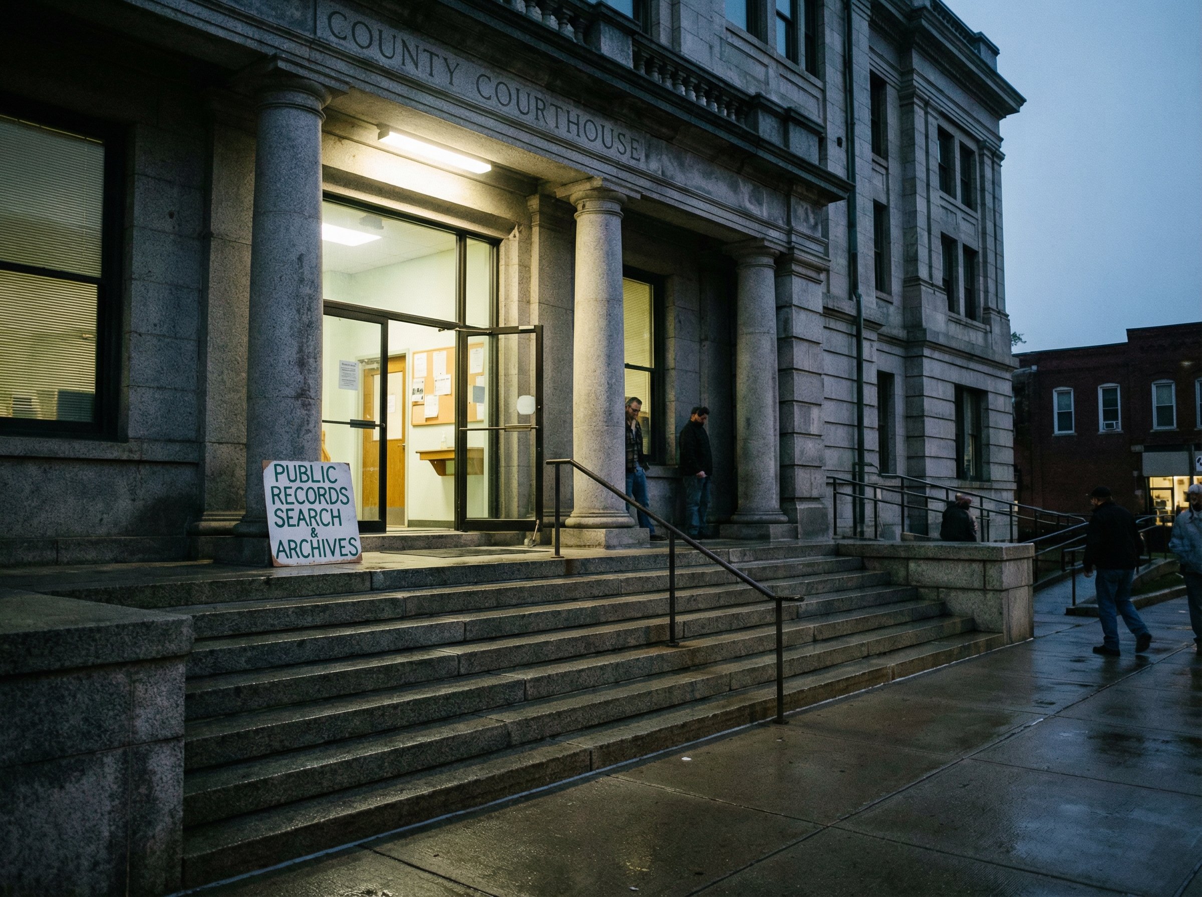 County courthouse exterior with public records entrance and filed notices visible