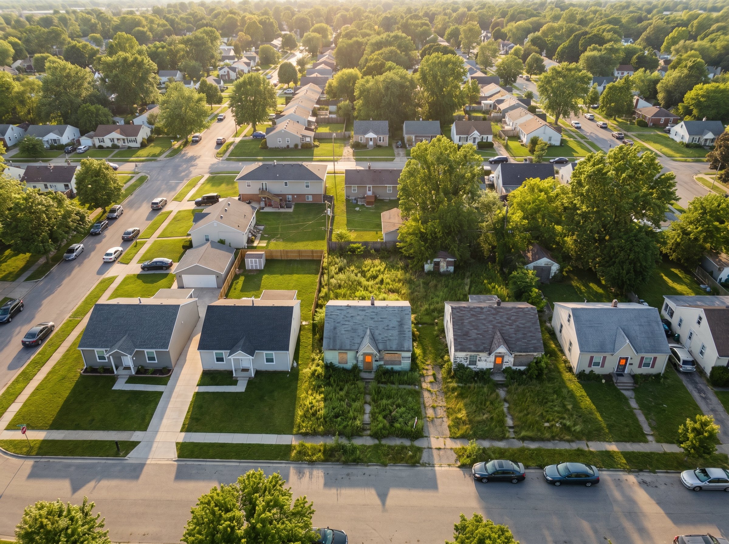 Aerial neighborhood view showing mixed property conditions
