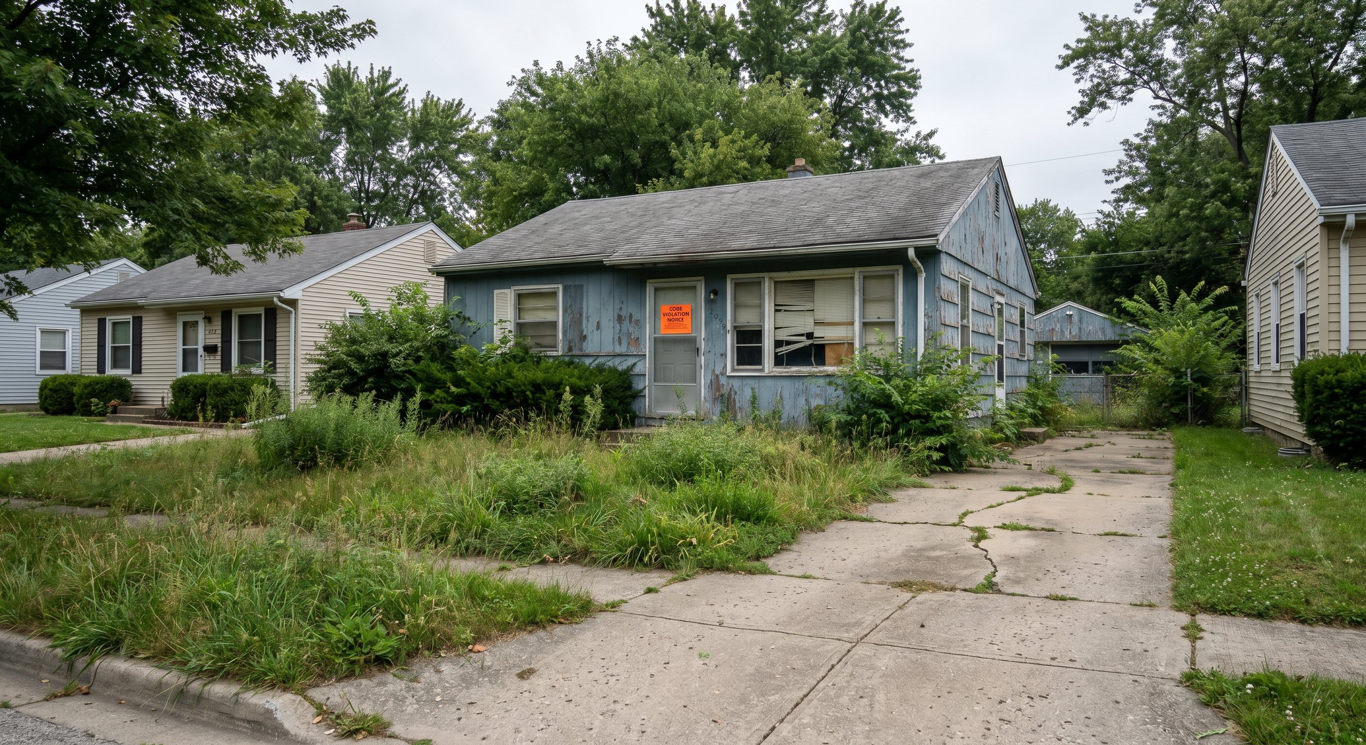Vacant distressed property with code violation notice