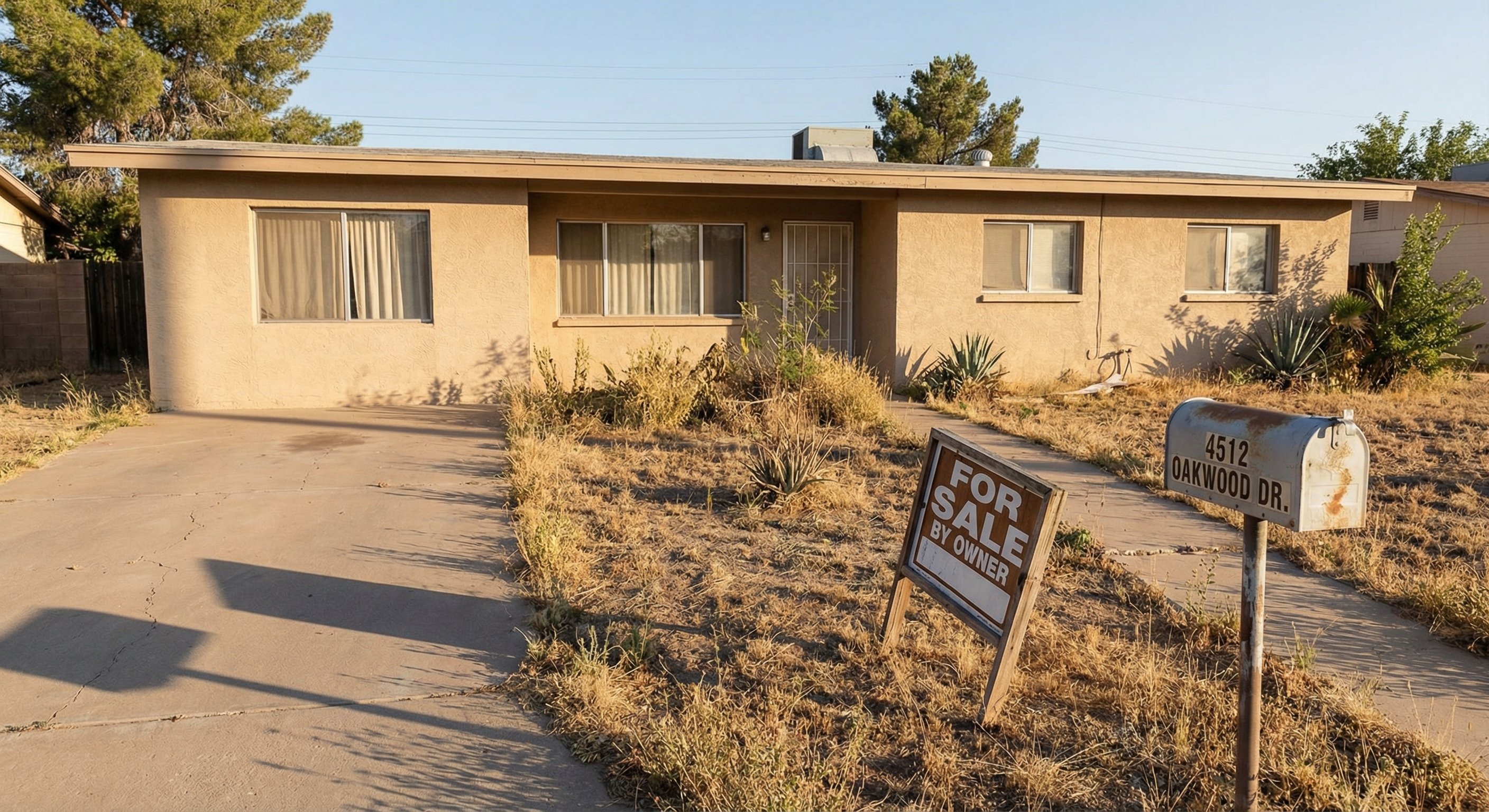 Distressed property exterior with visible neglect, overgrown yard and peeling paint on a modest single-family home, with a for sale by owner sign