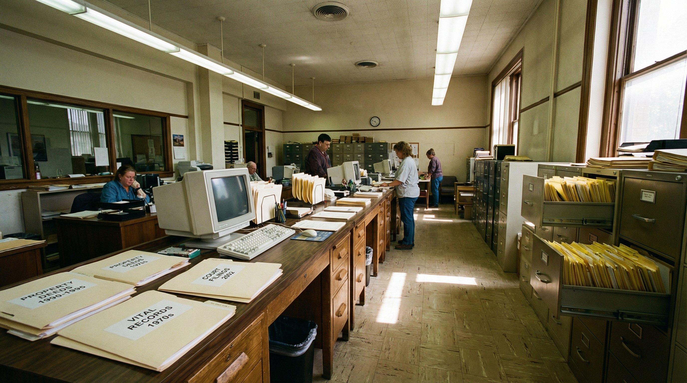County records office with filing cabinets and manila folders representing public property lien records