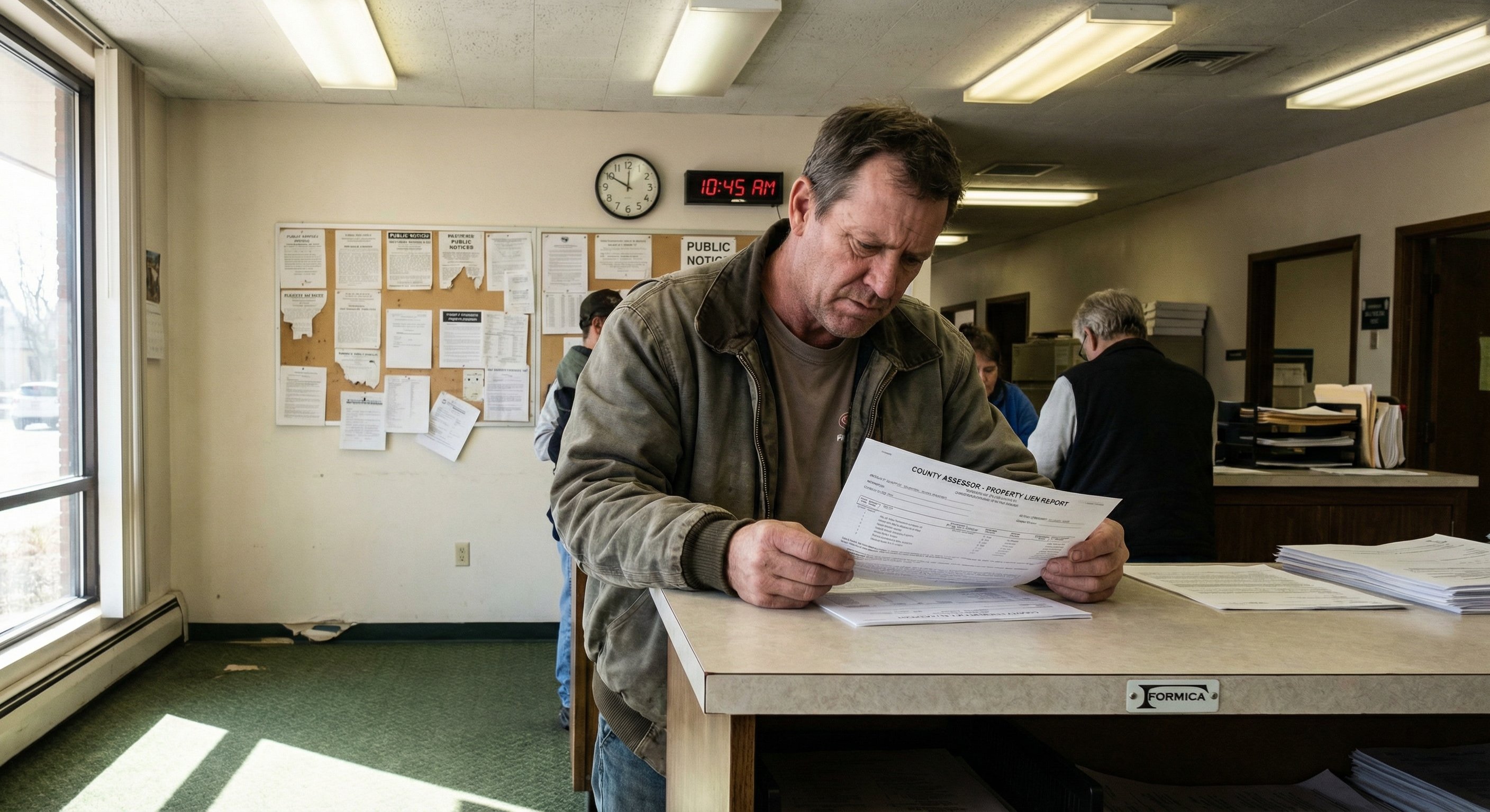 County assessor office counter where a property owner reviews printed lien documentation