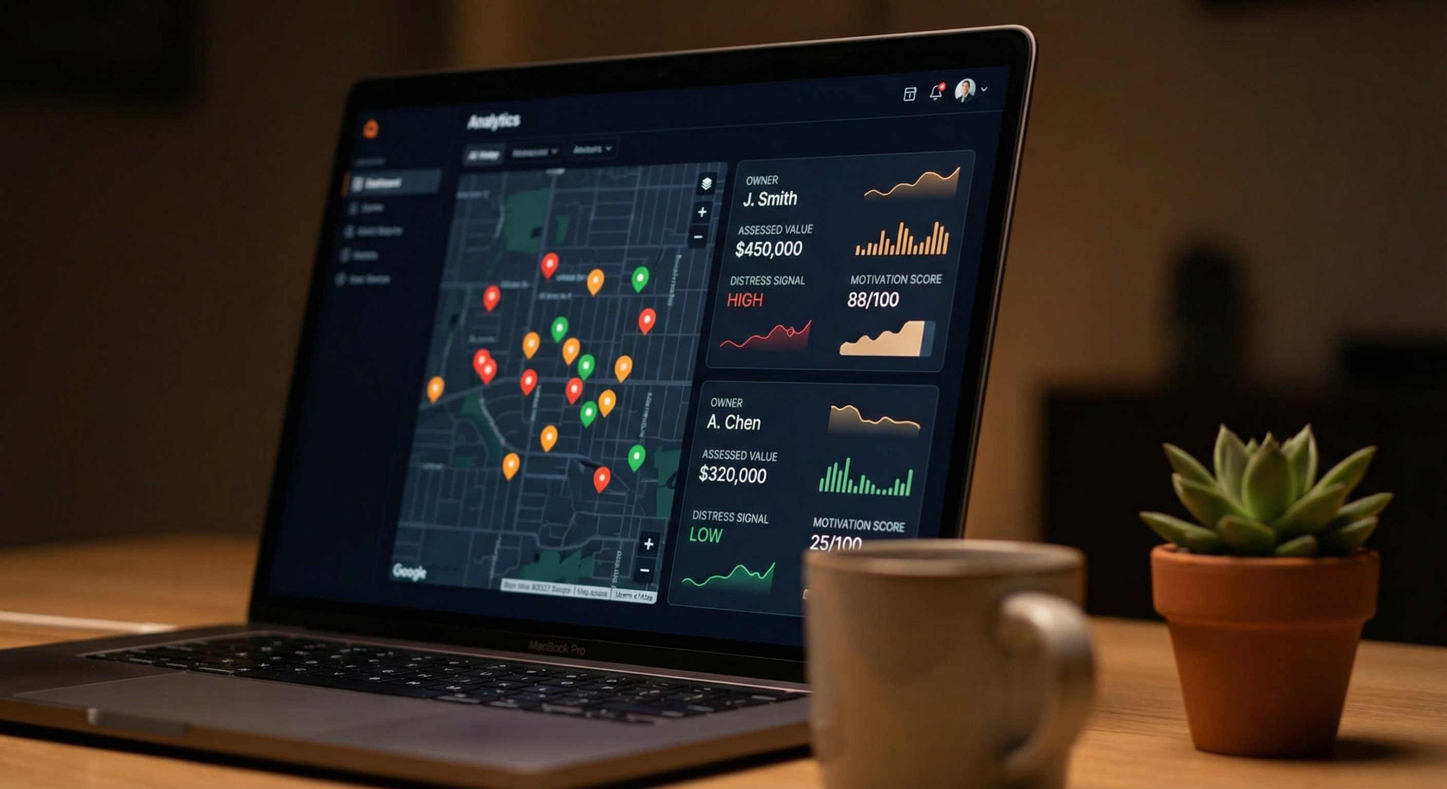 Dark-themed analytics dashboard showing a property map with colored pins and motivation score column