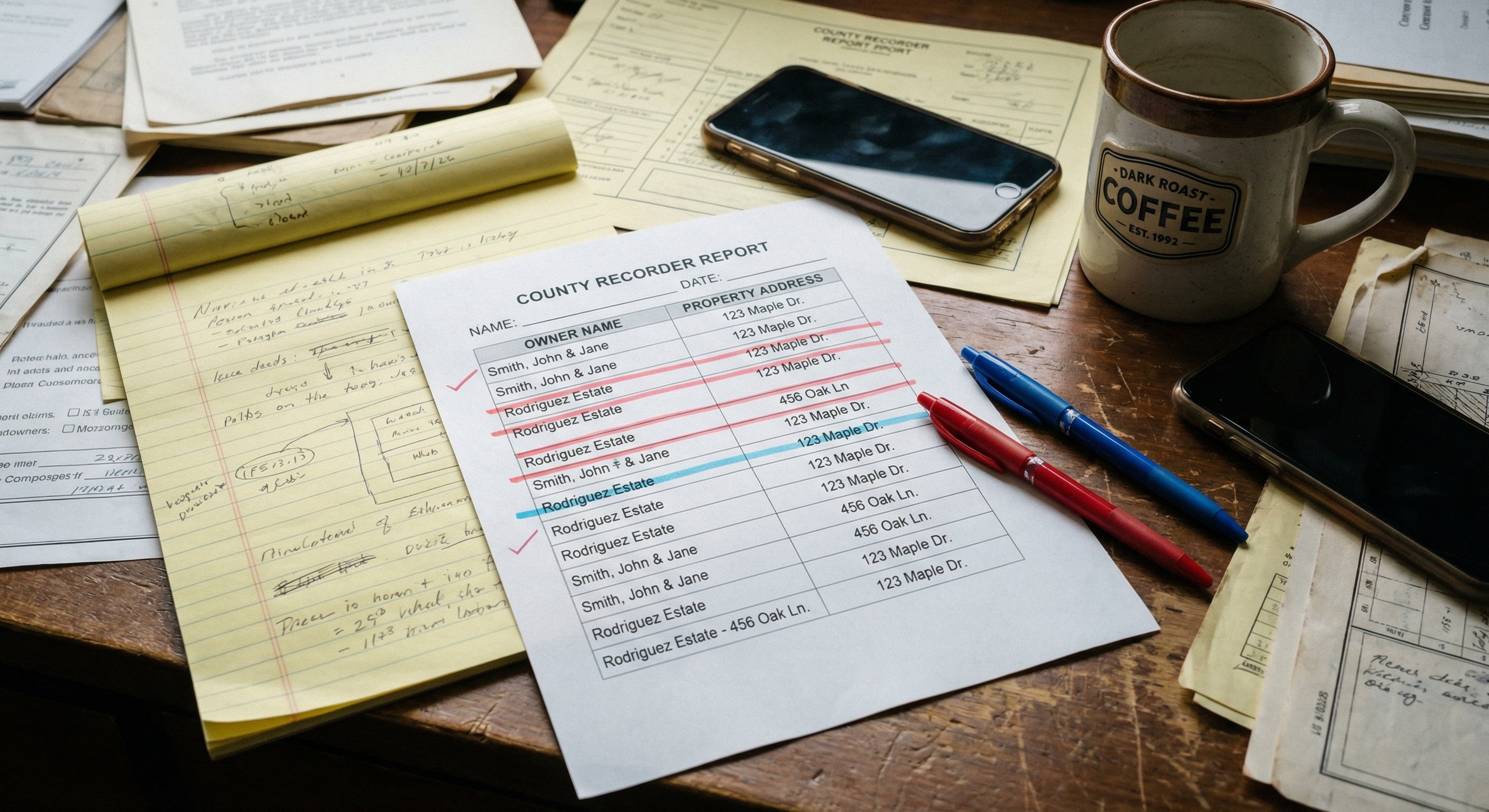 Overhead view of scattered legal documents and property records on a desk with highlighters and coffee mug