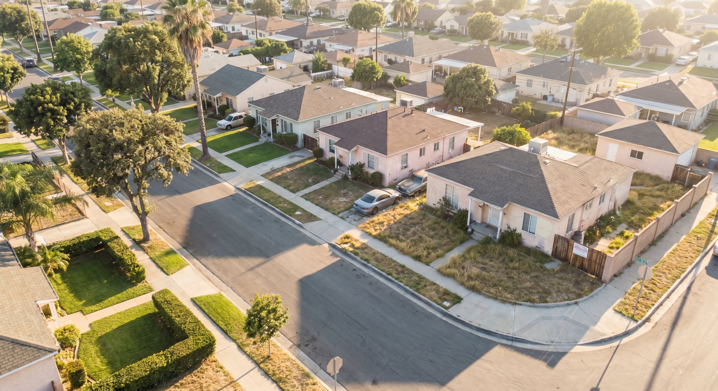 Aerial view of a California residential neighborhood with mixed property conditions, showing distressed and maintained homes side by side