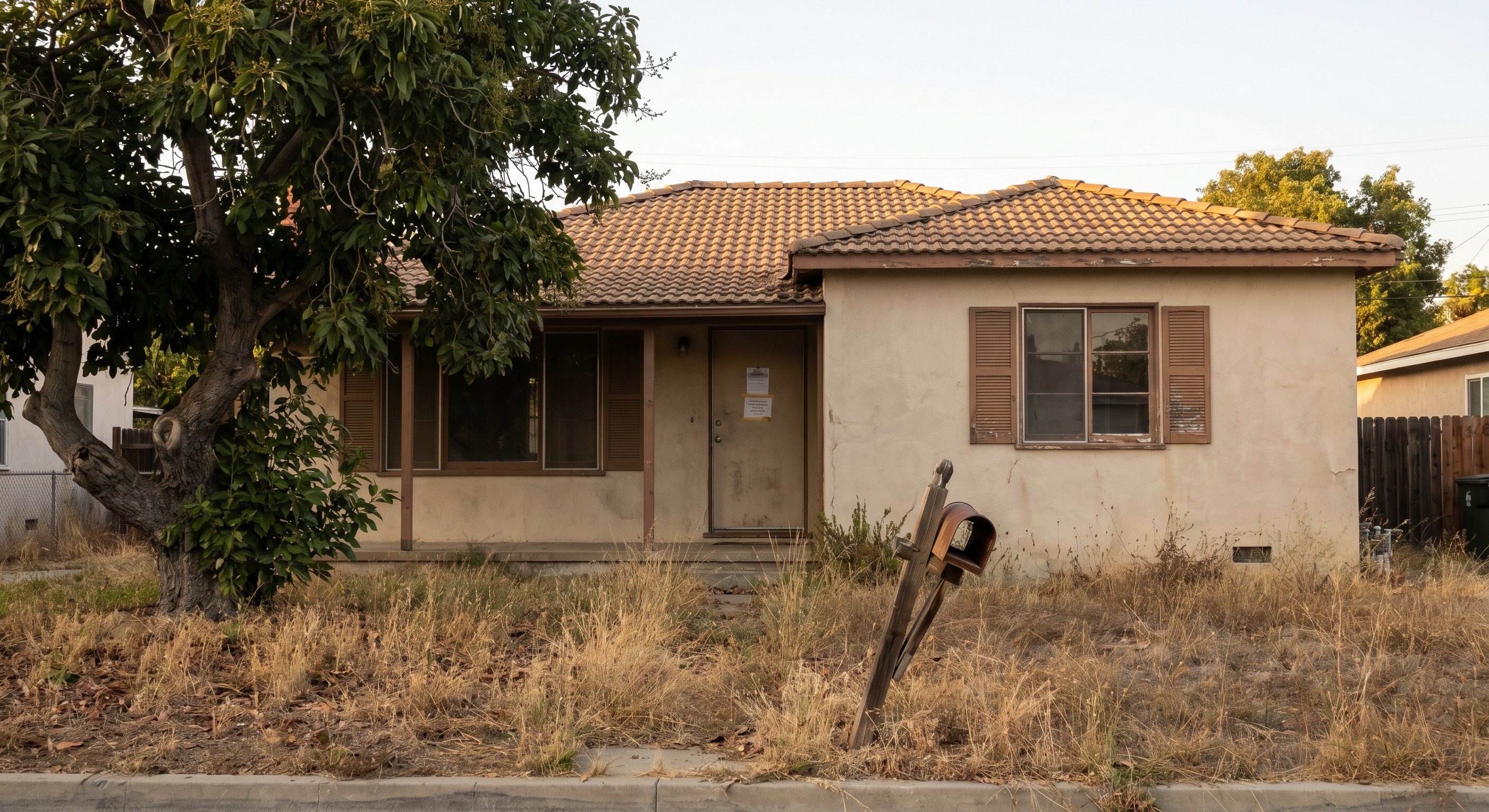 Mid-century California ranch home showing signs of neglect with notice on front door