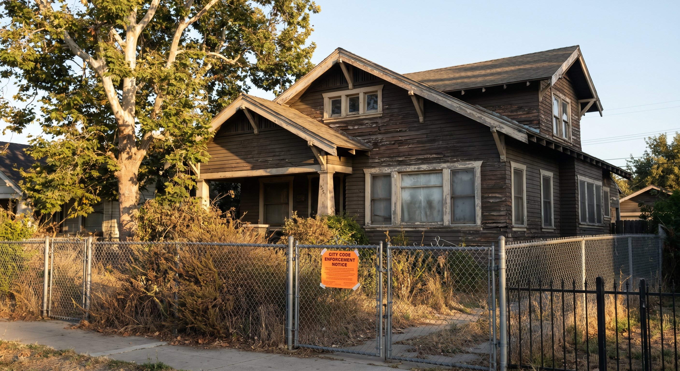 California craftsman home with code enforcement notice on gate, showing a vacant neglected property