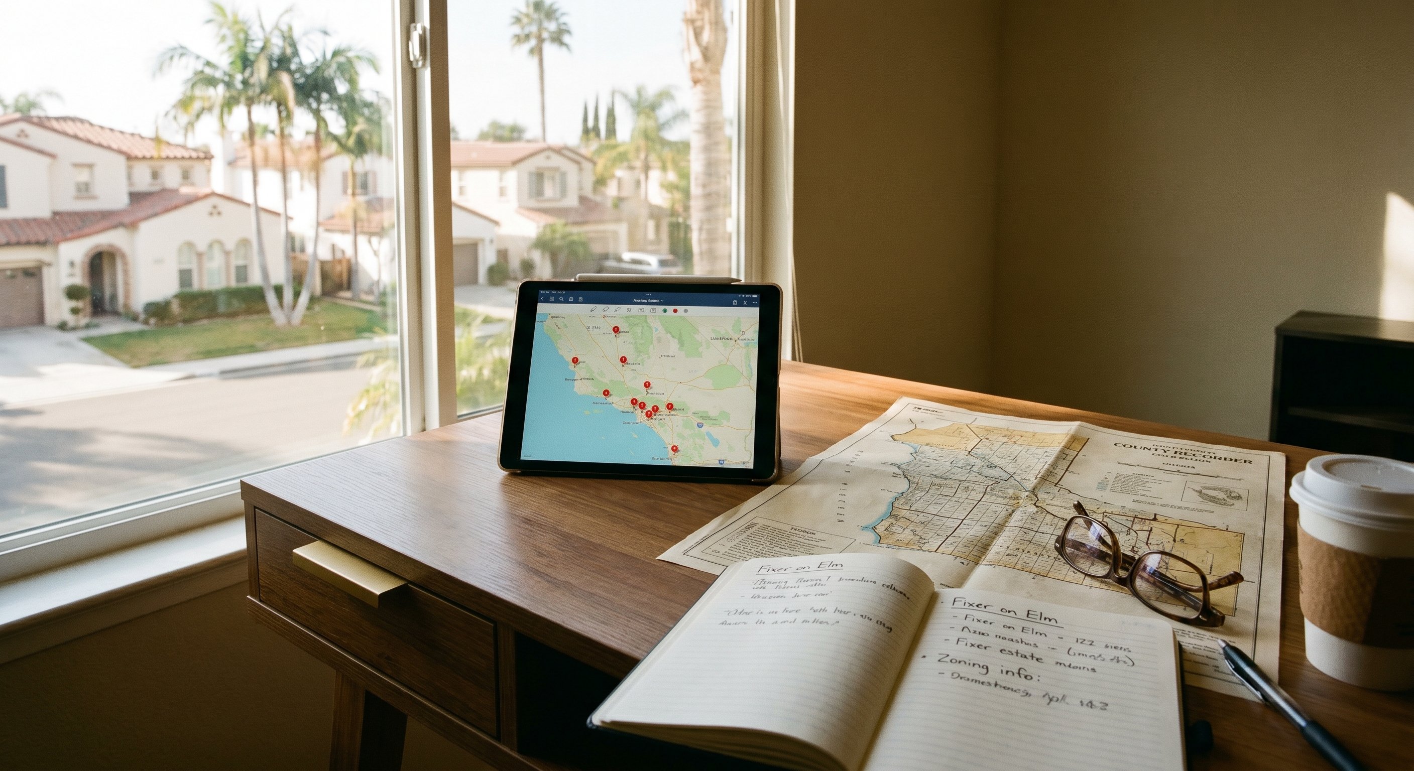 Property records research setup with tablet showing property map with red pins and printed county recorder documents