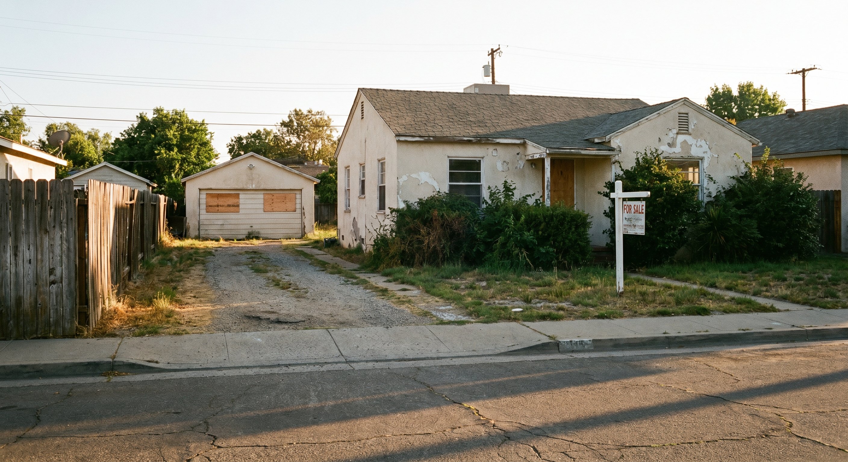 Vacant California investment property with overgrown vegetation and boarded garage windows