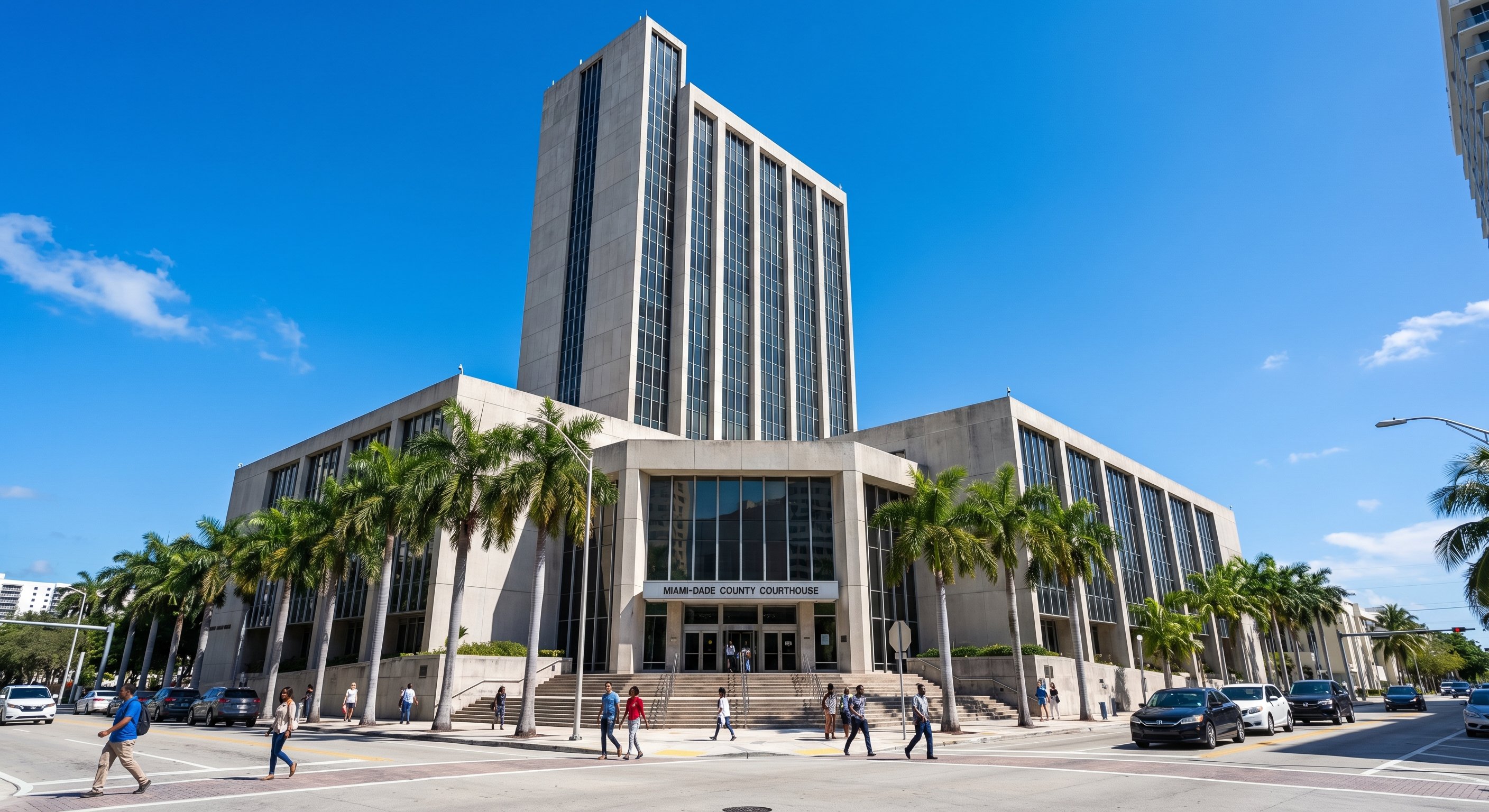 Official county courthouse exterior, government building in Florida with columns and stone steps