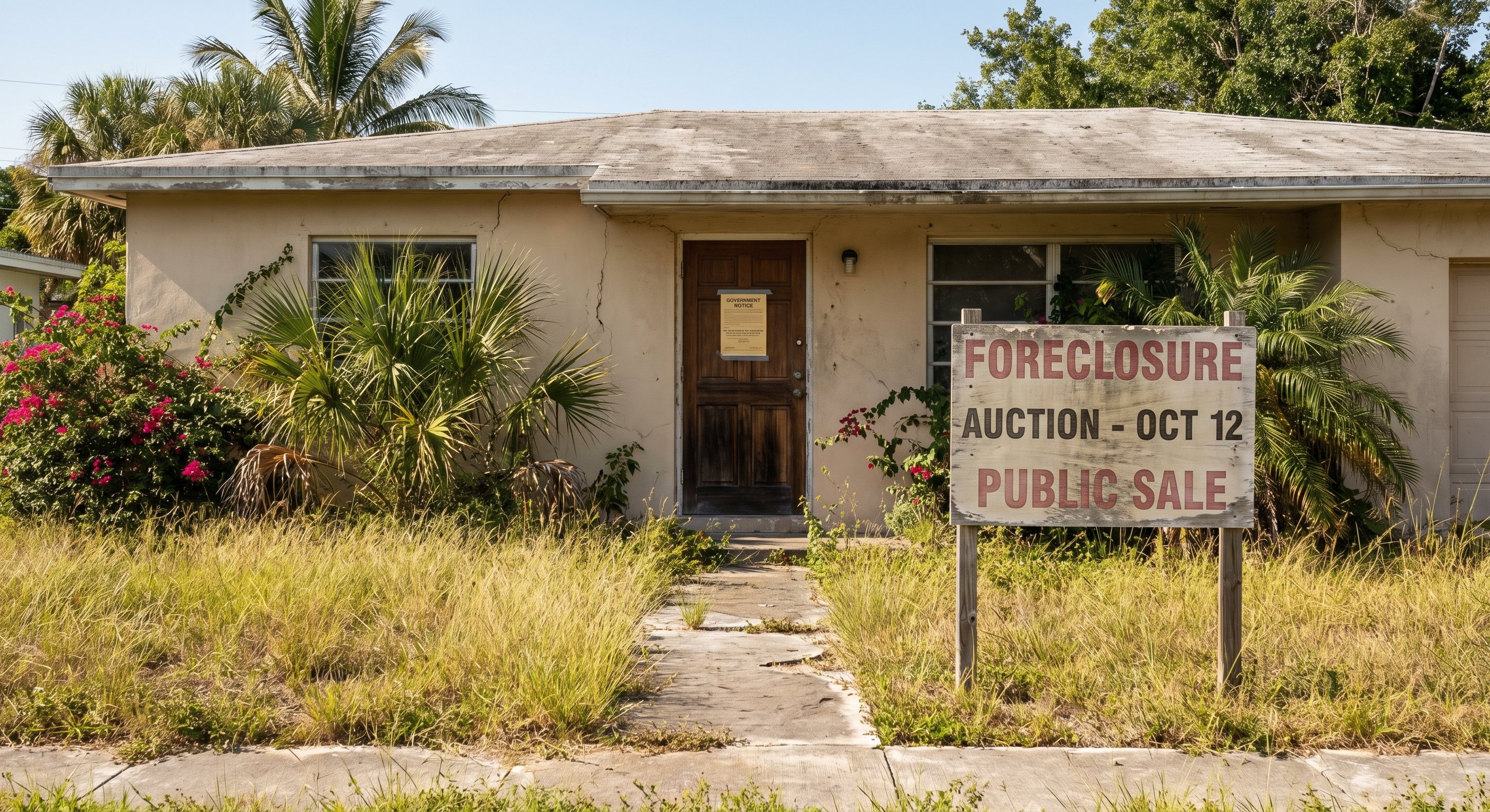 Florida stucco ranch home with overgrown yard, official notice on door, and foreclosure auction sign in the yard