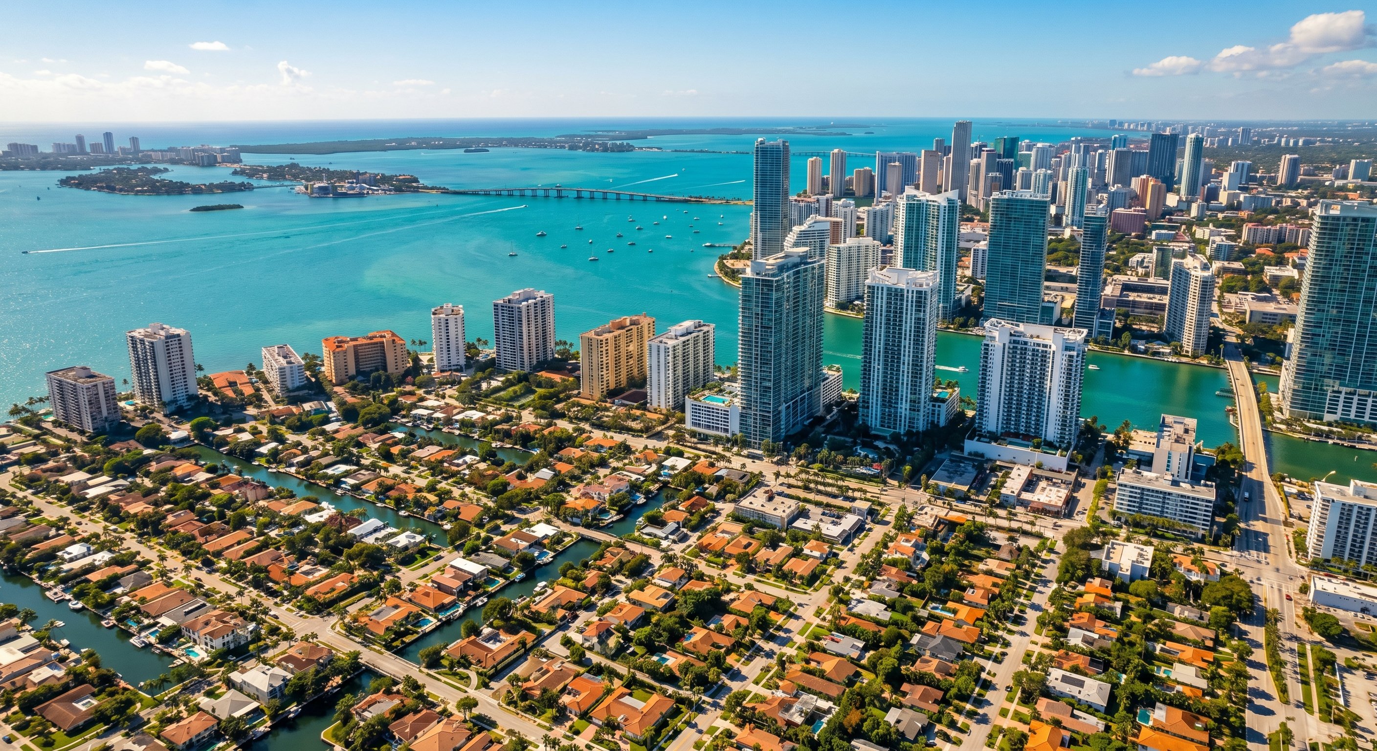 Aerial drone photograph of Miami-Dade County, Florida showing high-rise coastal buildings and suburban neighborhoods