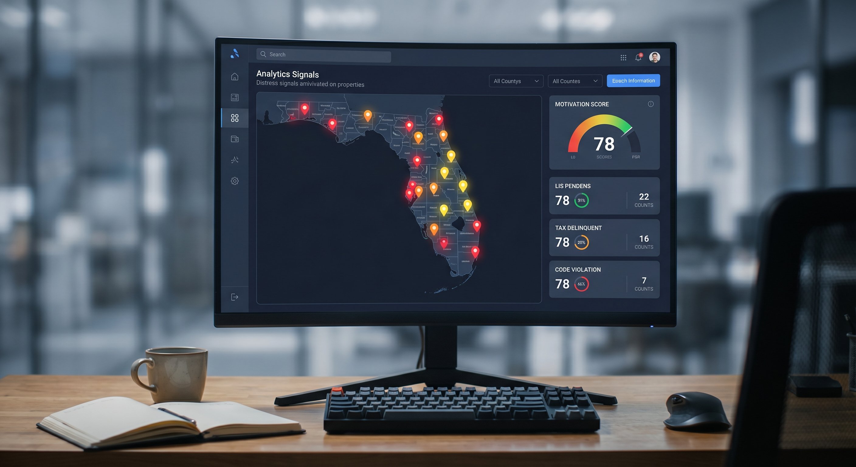Dark-themed analytics dashboard showing Florida county map with colored distress signal pins and motivation scores