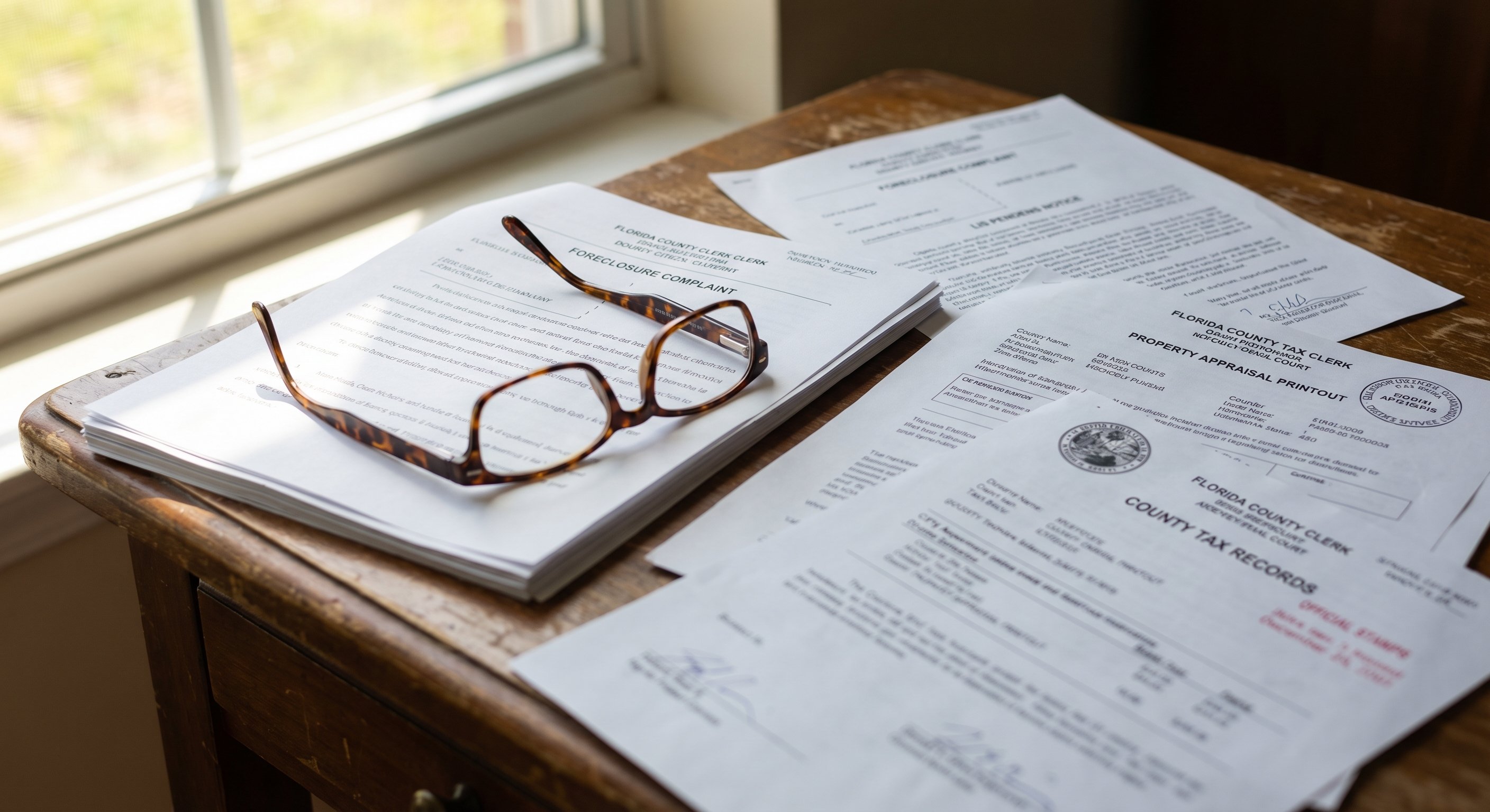 Florida courthouse documents and official county clerk filings on a wooden desk with reading glasses