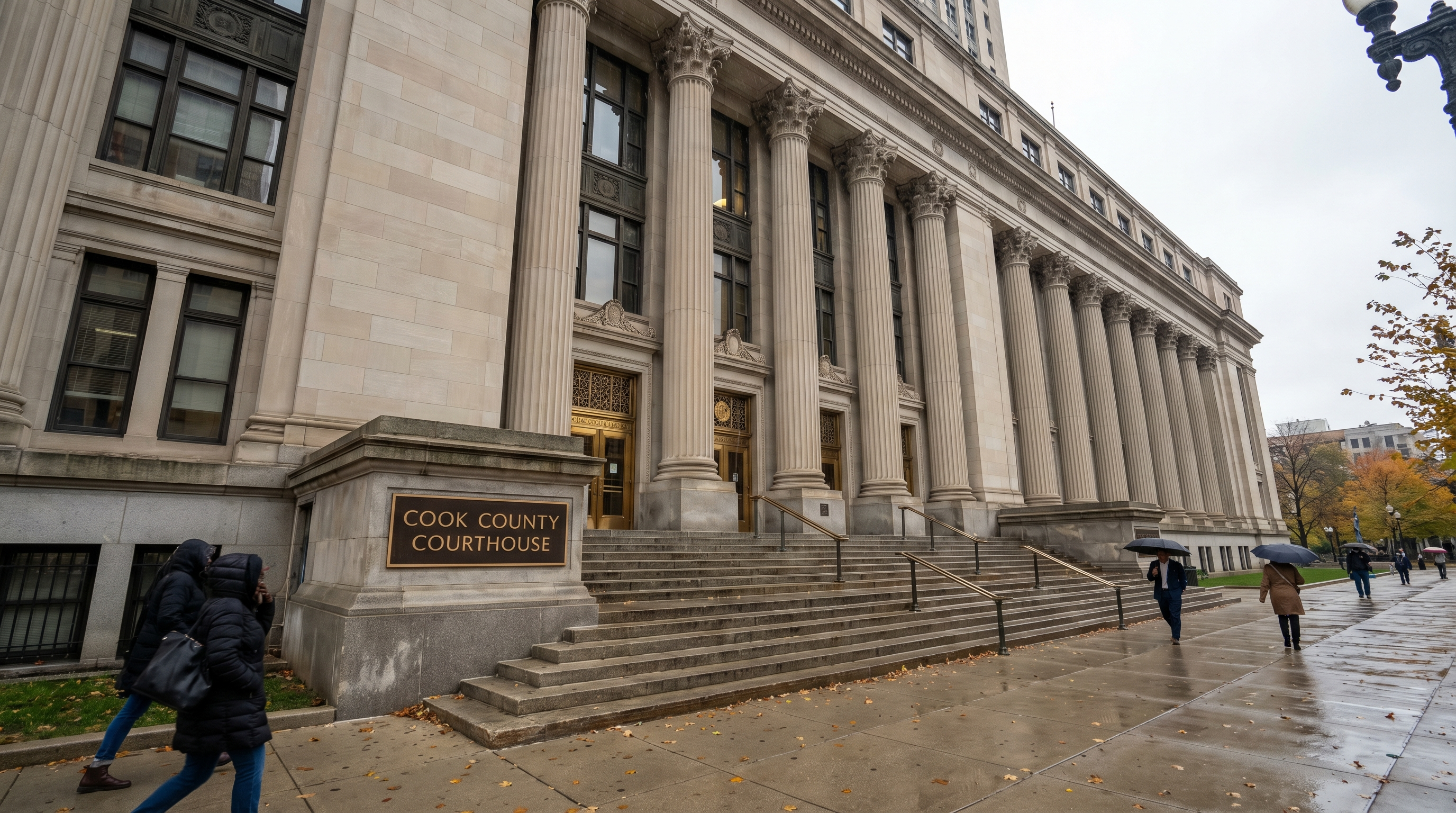 Cook County courthouse exterior, limestone facade with classical columns, autumn overcast sky in Chicago