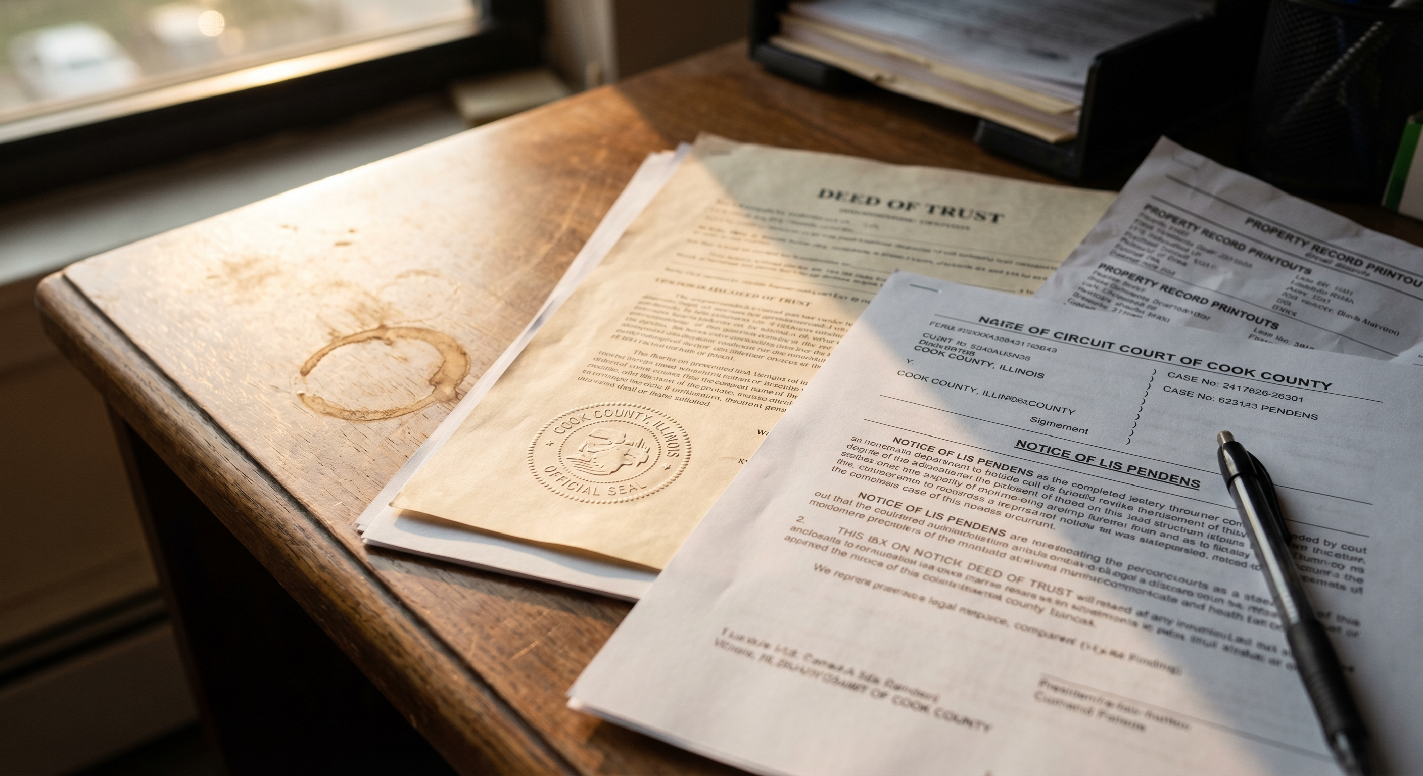 Illinois legal court documents and Notice of Lis Pendens filing with county seal on a desk