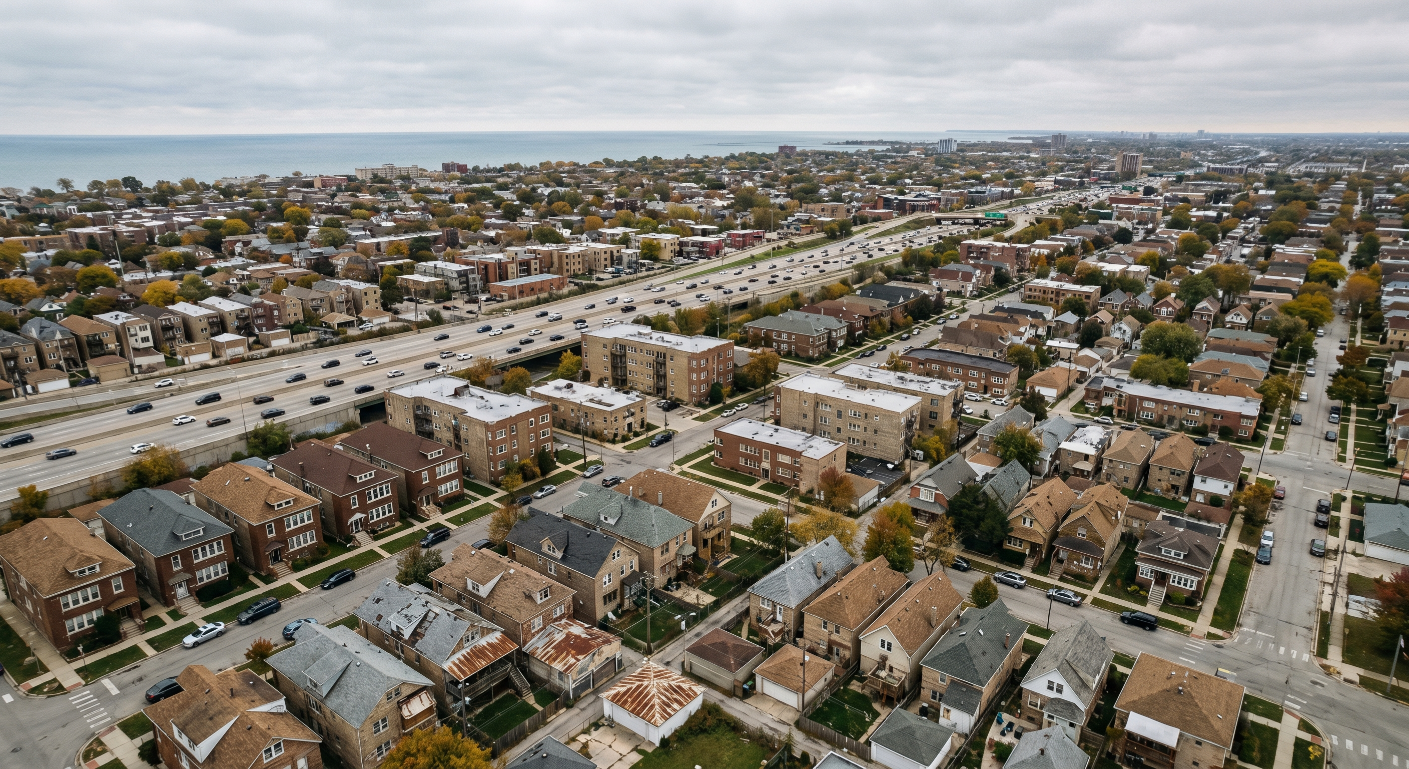 Aerial drone photograph of Chicago metropolitan area, Lake Michigan on horizon, mixed urban housing conditions