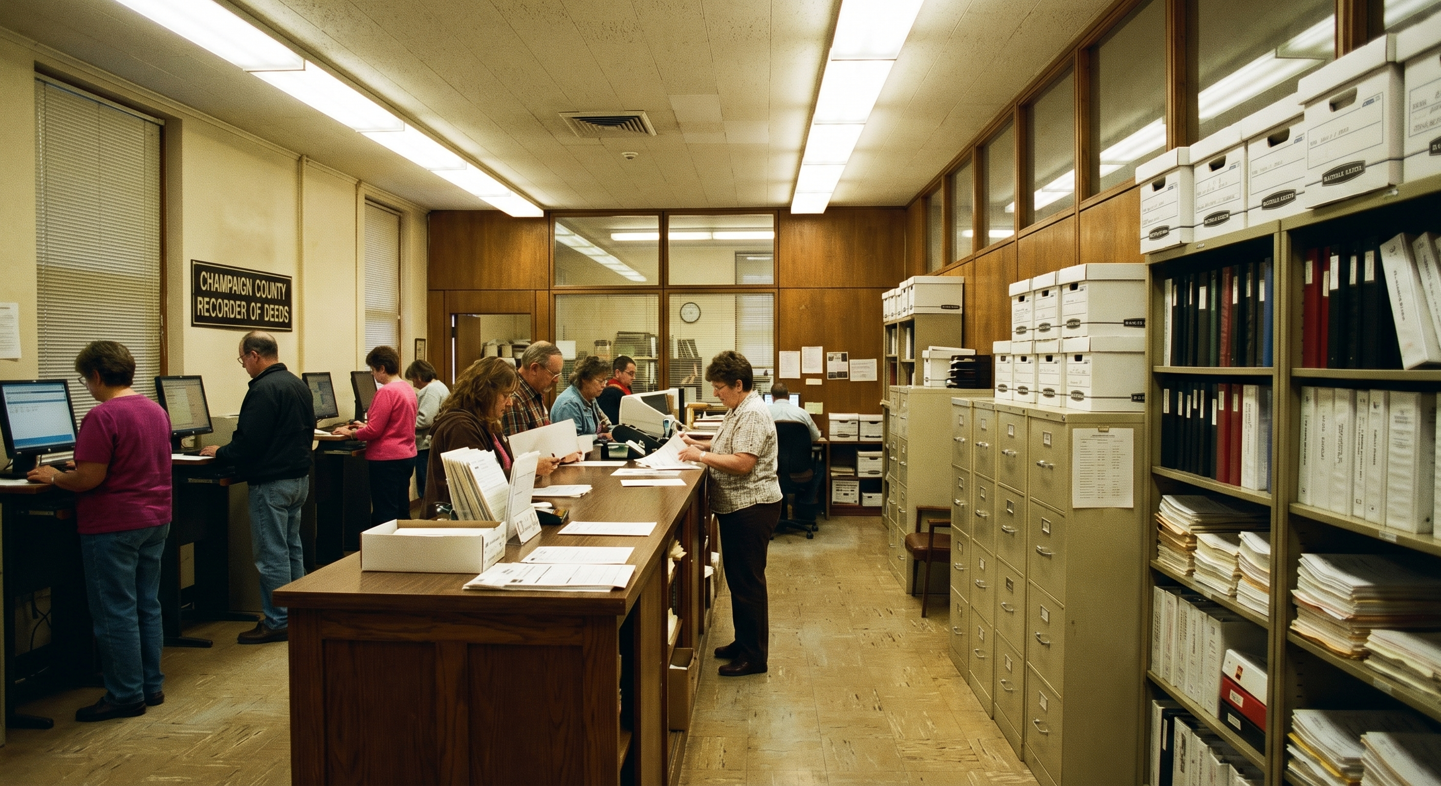 Interior of an Illinois county recorder office with public terminals and filing cabinets, fluorescent lighting