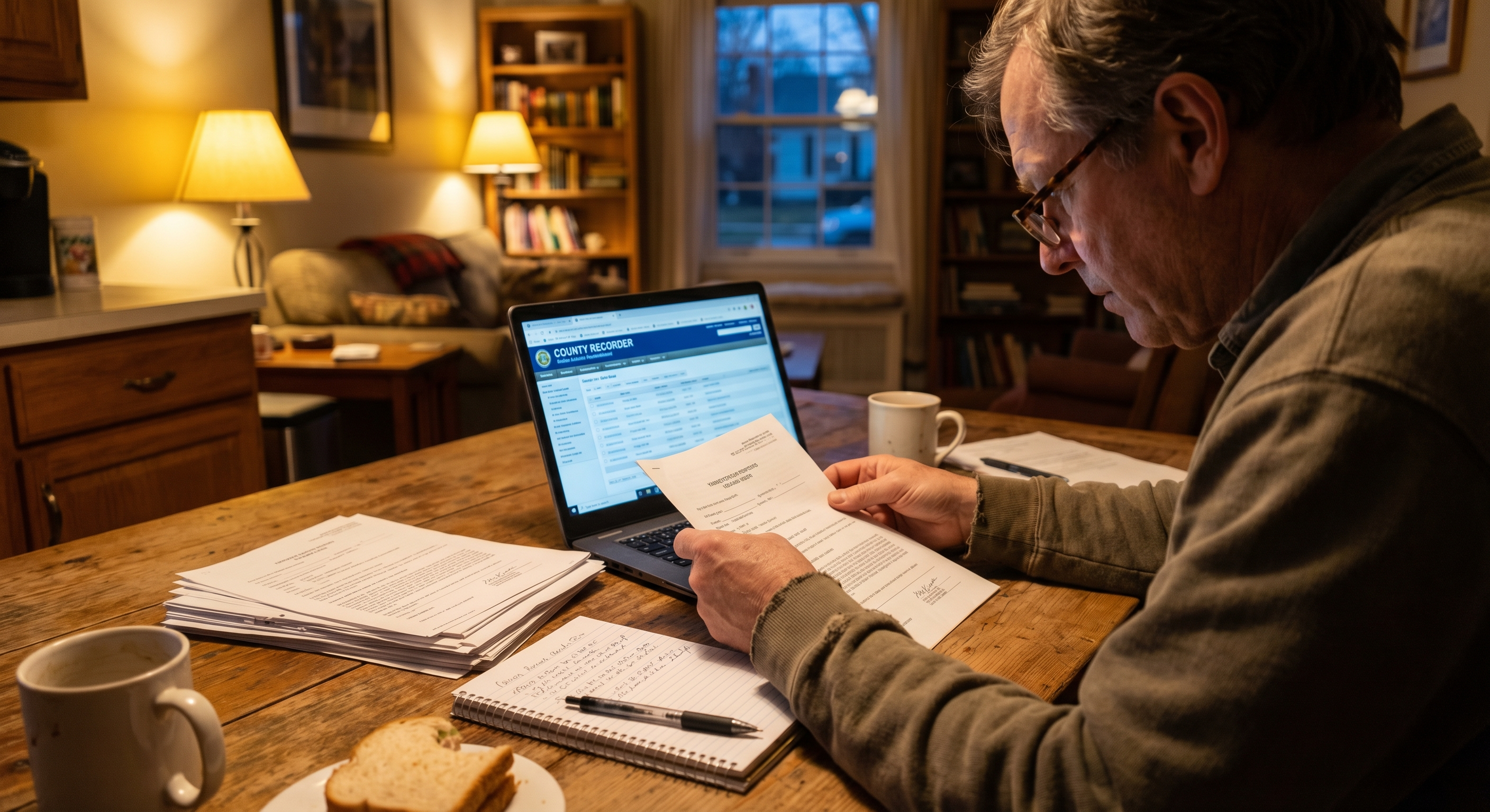 Real estate investor reviewing property records and county recorder data on a laptop at a table