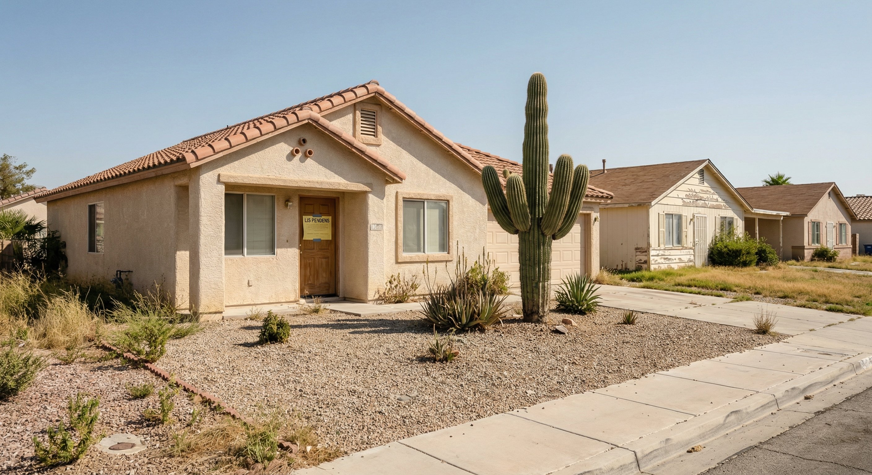 Single-story Las Vegas suburban home with visible lis pendens posting on door