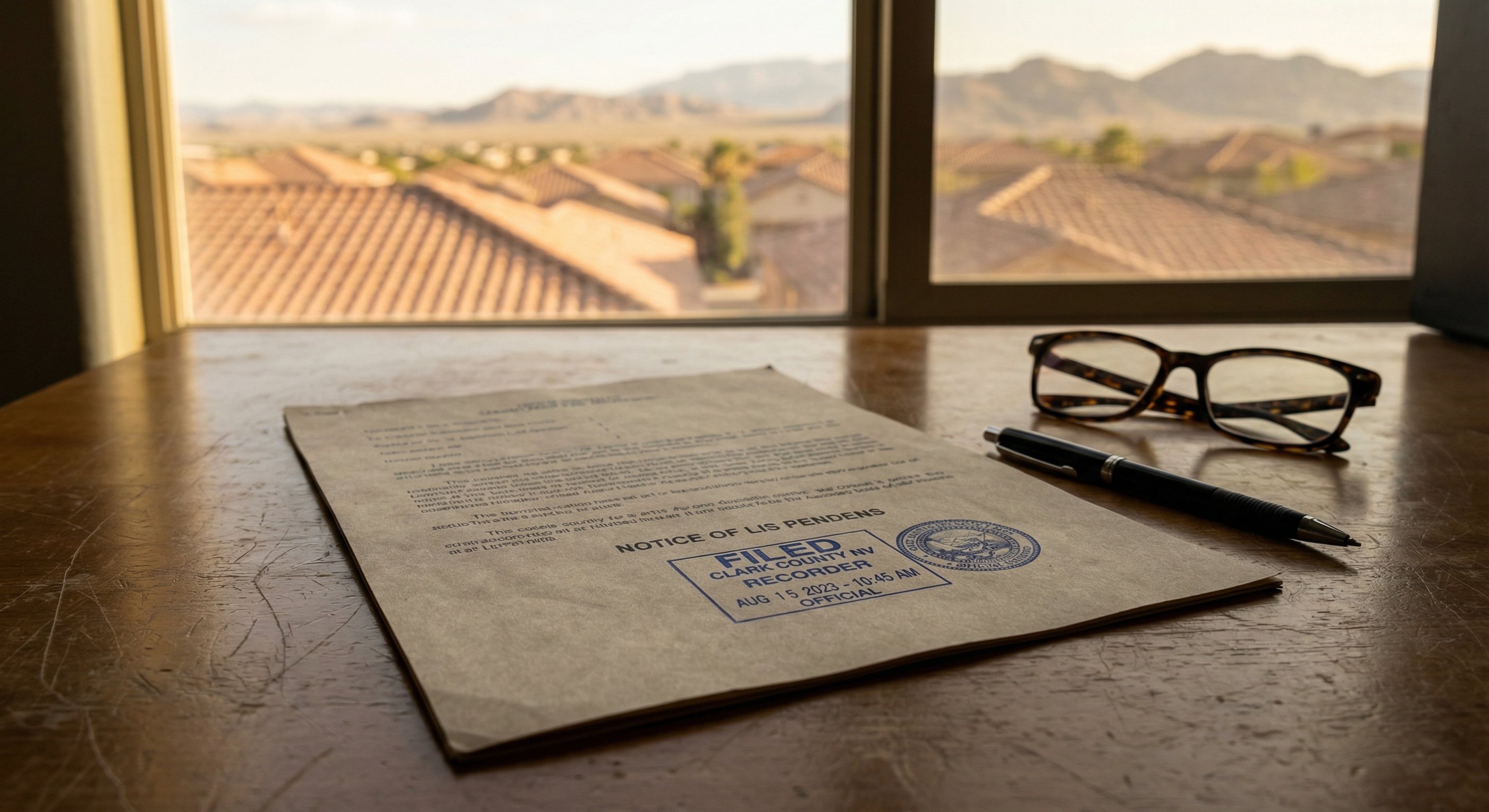 Clark County Nevada official lis pendens filing document on desk with county recorder stamp