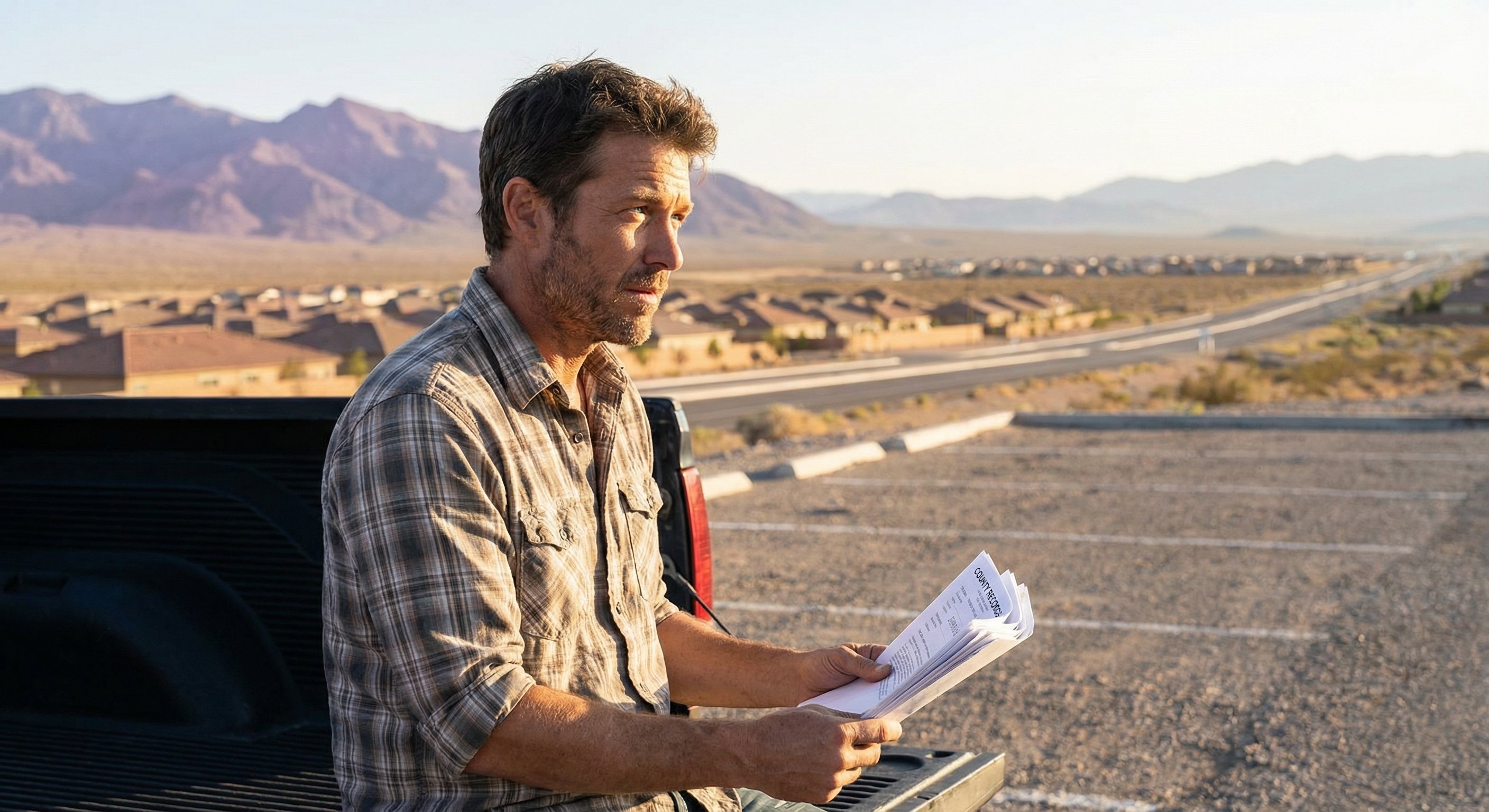 Real estate investor reviewing county property records in Nevada desert setting