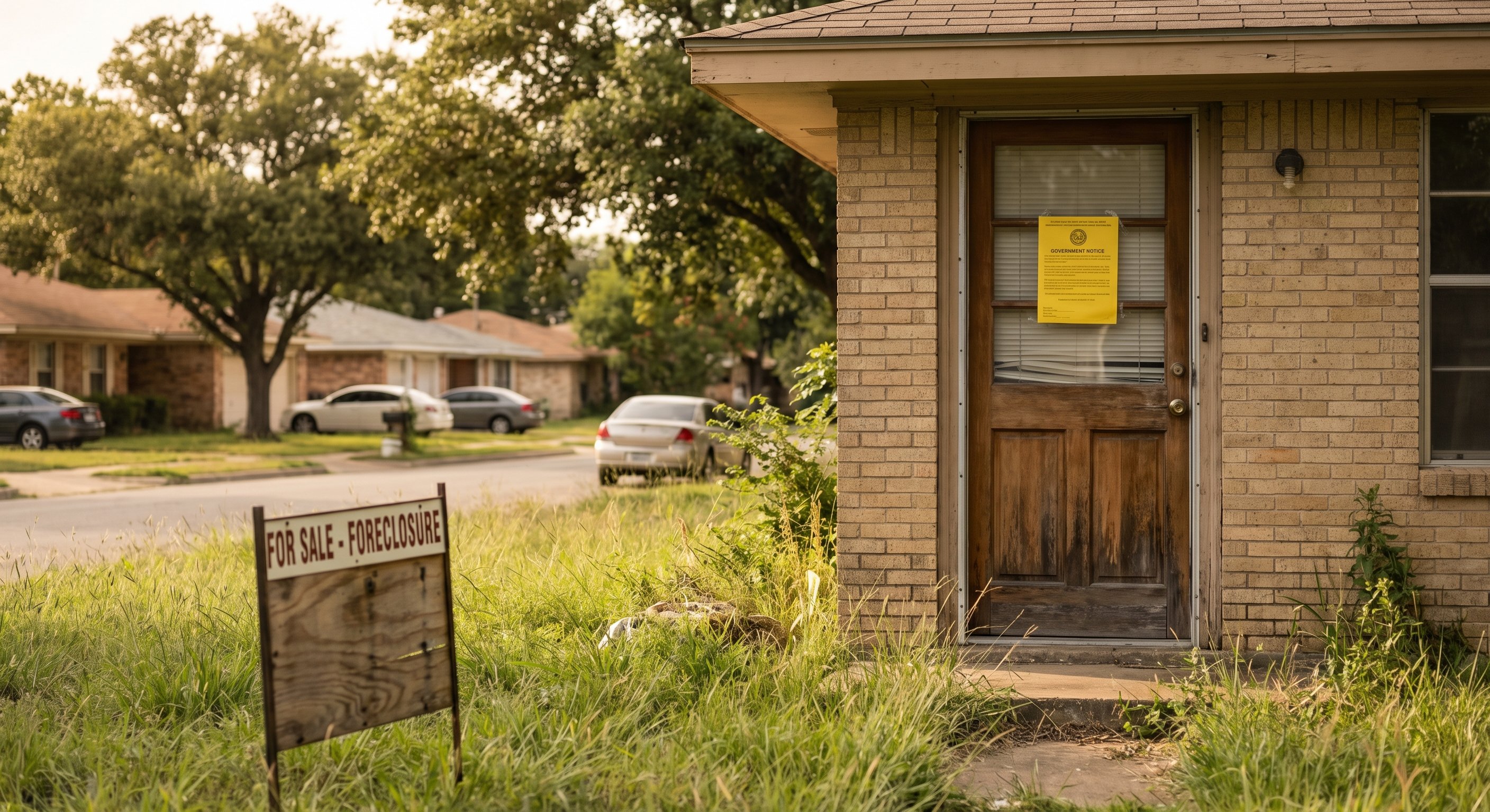 Single-family ranch home with overgrown yard, notice on door