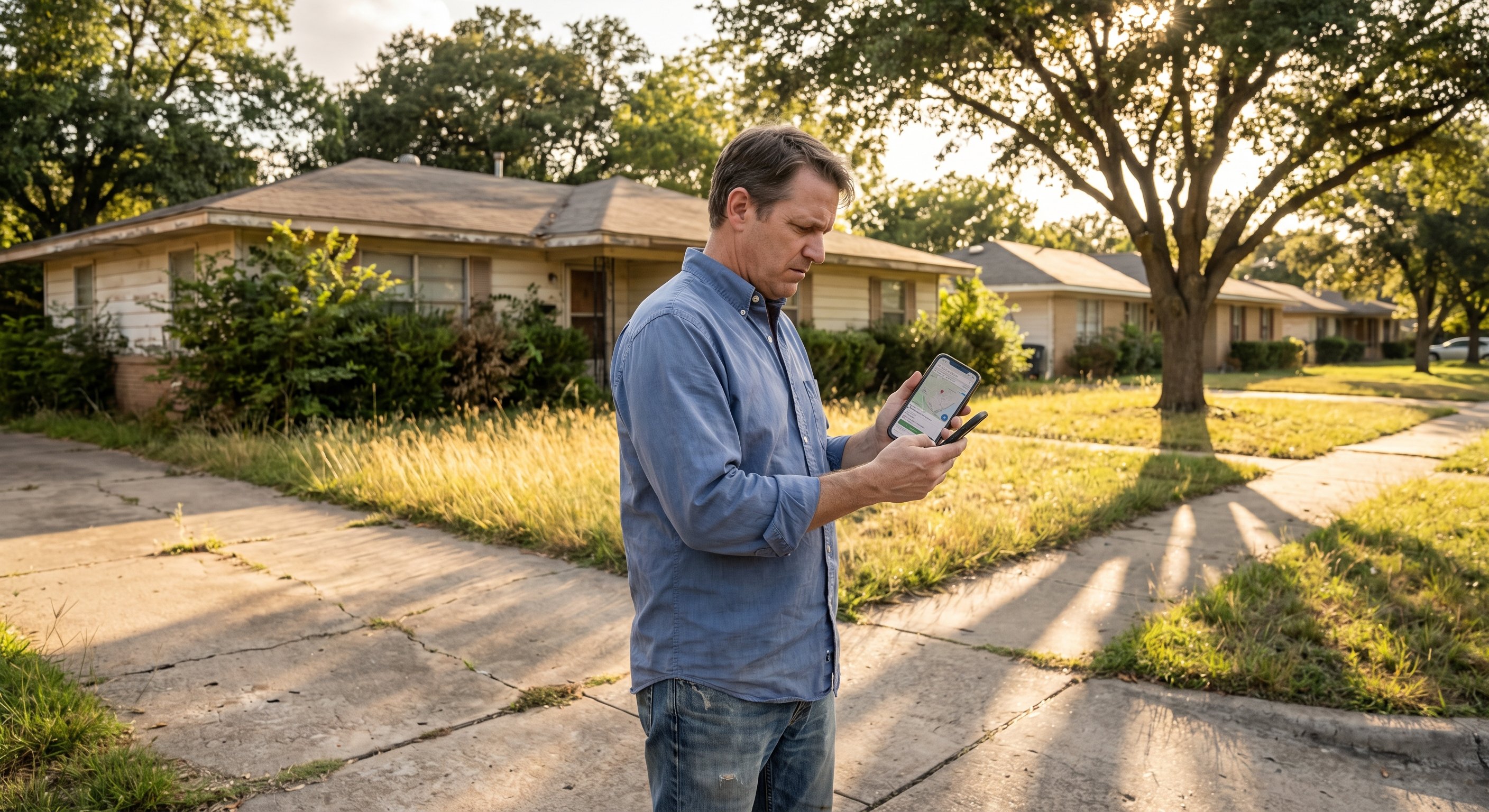 Real estate investor reviewing property records on phone at Texas property
