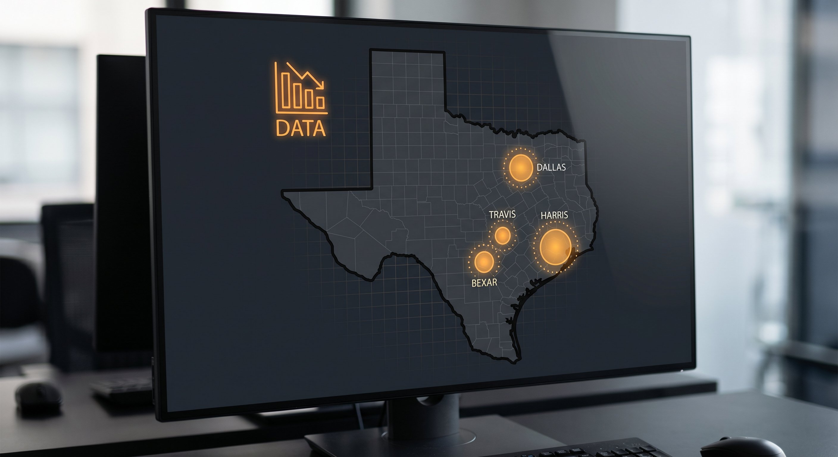 Texas map showing high-volume lis pendens counties, data visualization style