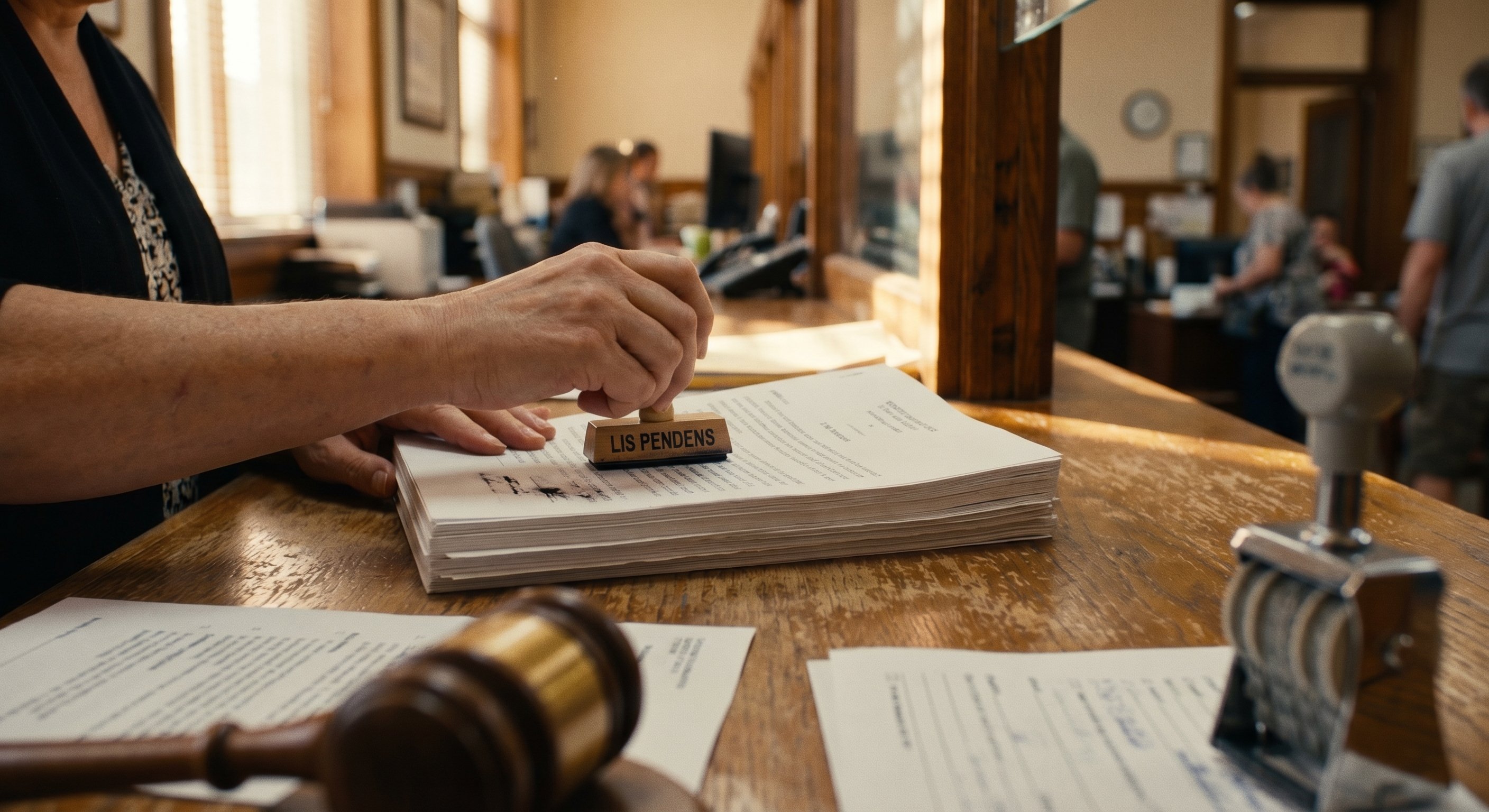 A photorealistic close-up of a legal document being stamped LIS PENDENS by a court clerk at a county courthouse counter. Shallow depth of field, warm courthouse lighting. Shot on 50mm f/1.8. Editorial documentary photography.