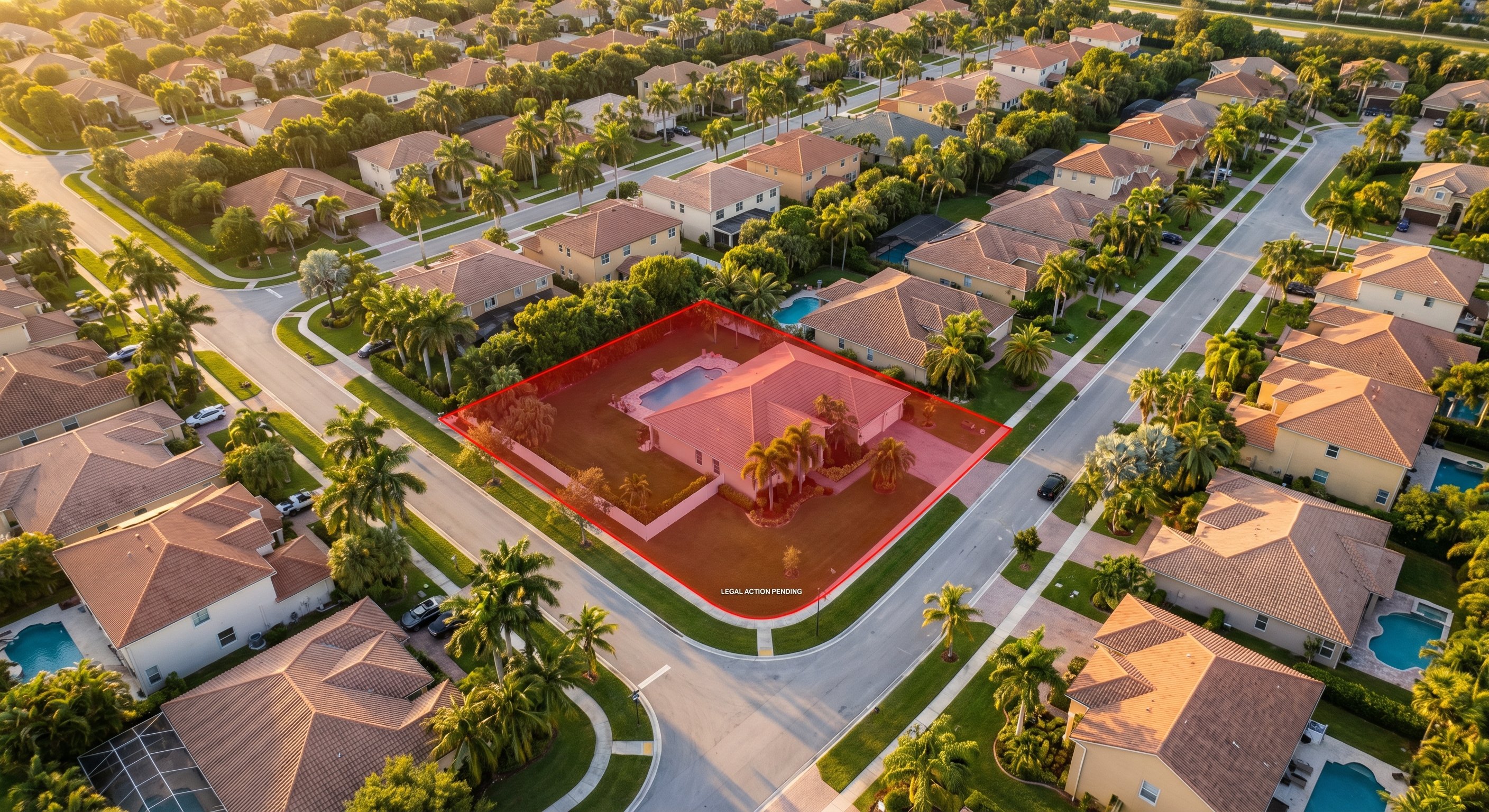 A photorealistic aerial view of a suburban neighborhood in Florida with palm trees, single-family homes, and one property highlighted with a subtle red overlay indicating legal action. Late afternoon light. Shot on DJI Mavic 3. Real estate aerial photography.