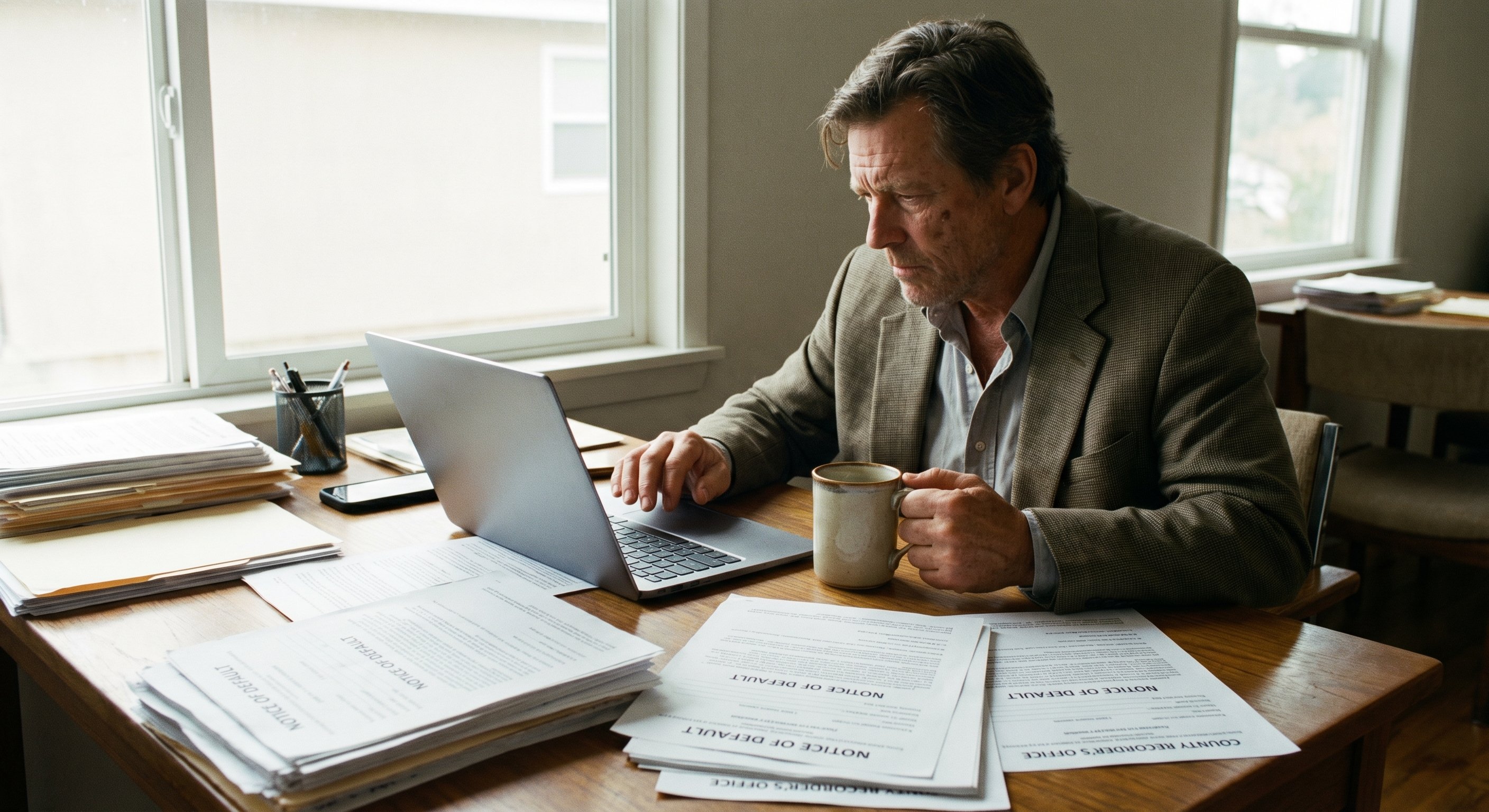 A photorealistic medium shot of a real estate investor reviewing courthouse foreclosure records on a laptop at a desk, printed county recorder documents spread out, coffee cup. Natural office lighting. Shot on 35mm lens. Editorial photography.