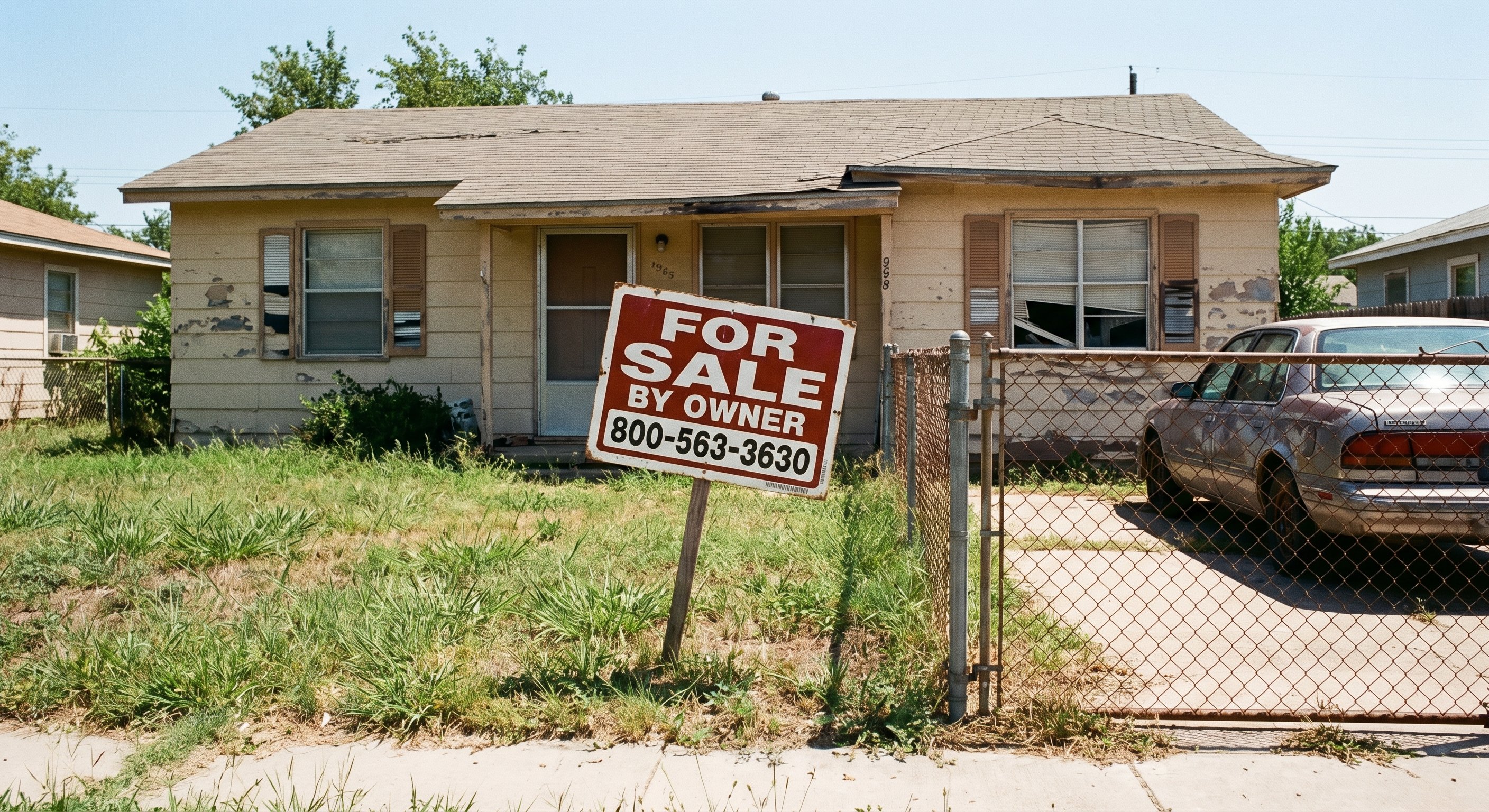 A photorealistic street-level photo of a for-sale sign in front of a modest single-story home in a sunny suburban neighborhood, with visible signs of deferred maintenance. Shot on 35mm lens, f/2.8. Real estate documentary photography.