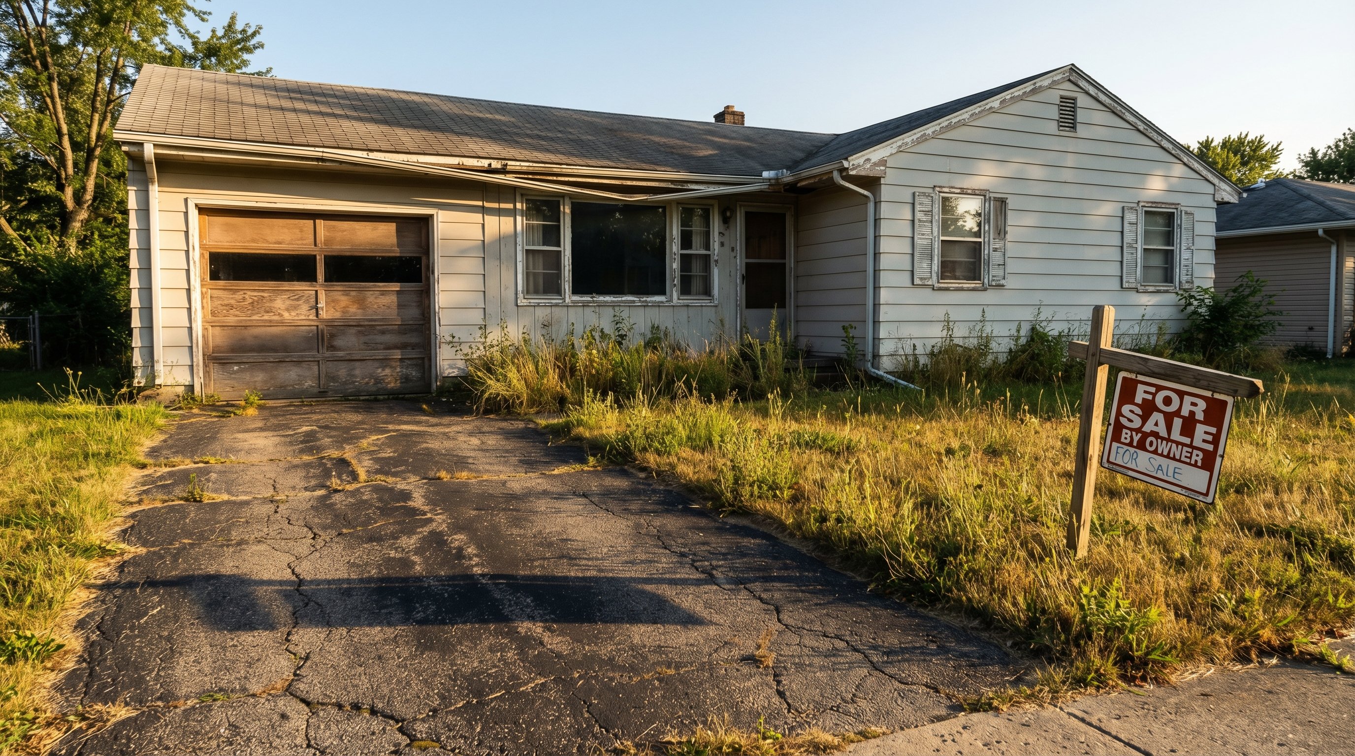 Neglected ranch home with visible deferred maintenance and a worn for-sale-by-owner sign in the yard