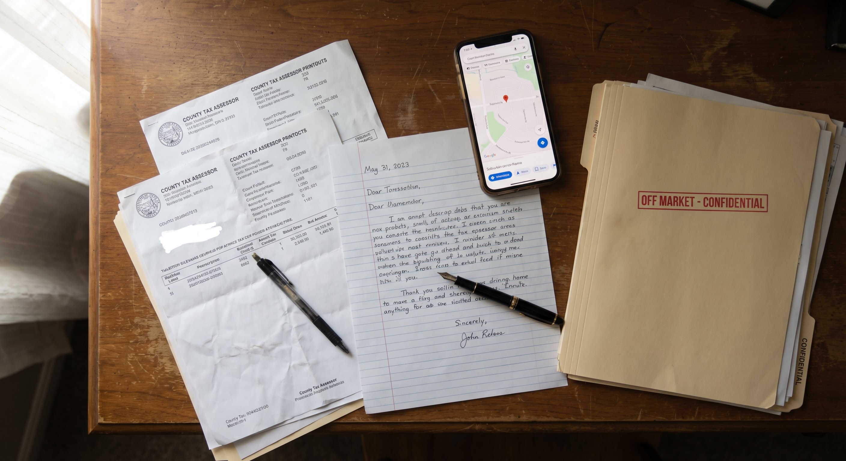 Property documents on a desk with county tax assessor printouts, offer letter, and a smartphone displaying a map view