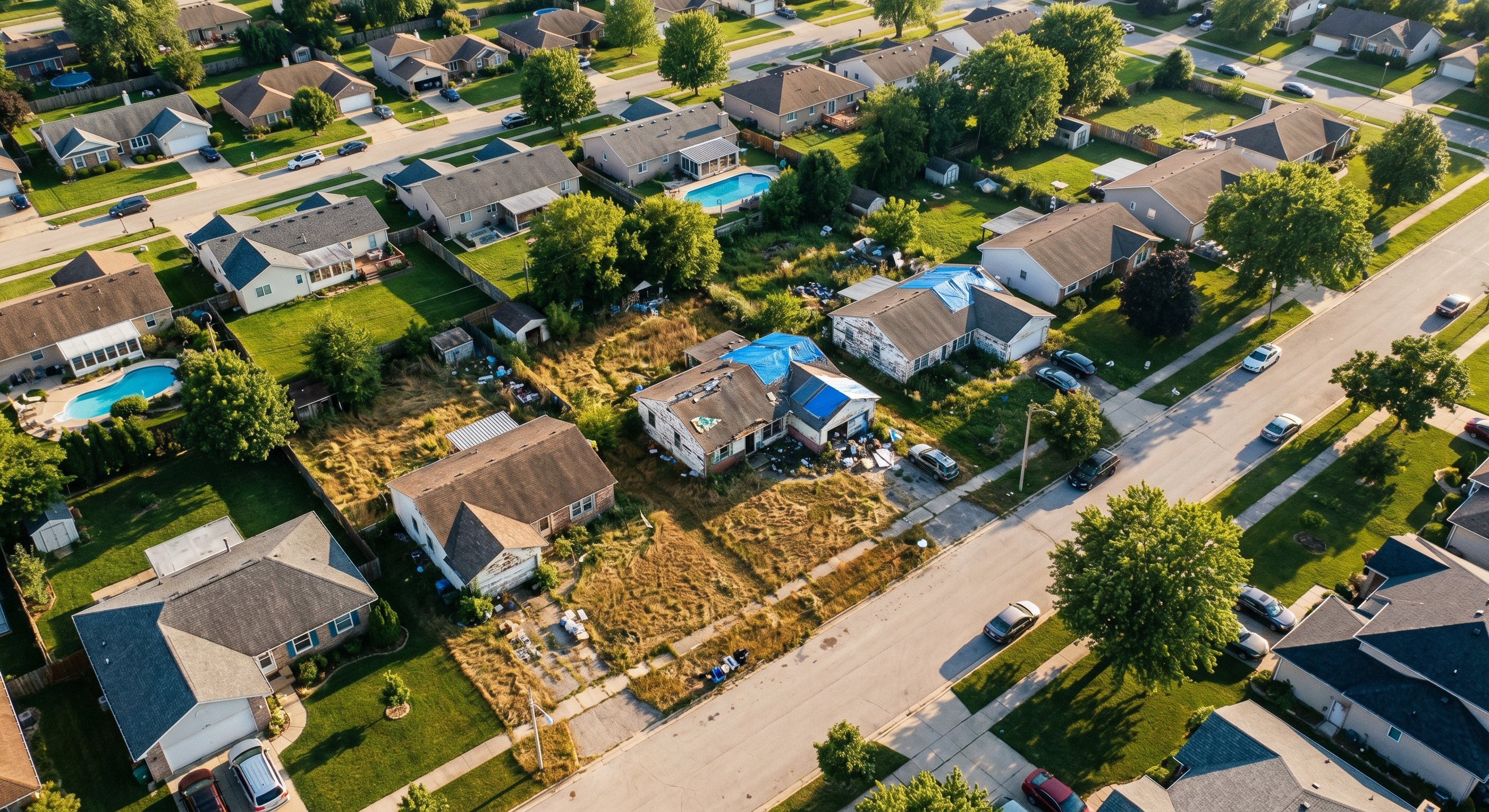Aerial drone photograph of a suburban neighborhood showing properties at different conditions