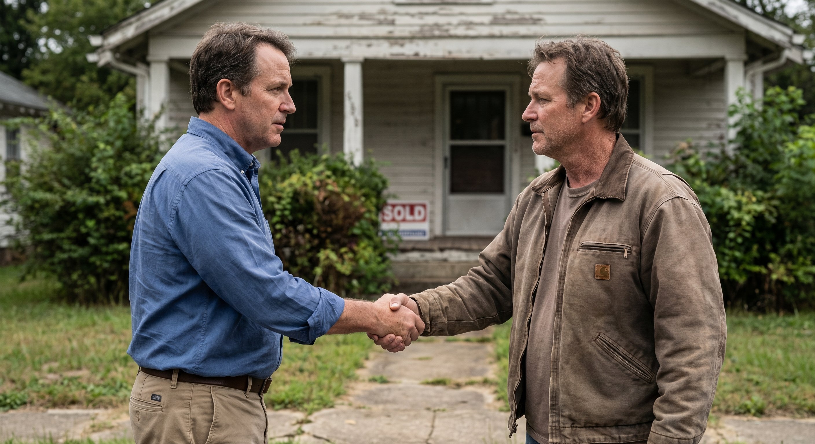 Two men shaking hands in front of a modest single-family home, a real estate deal being finalized